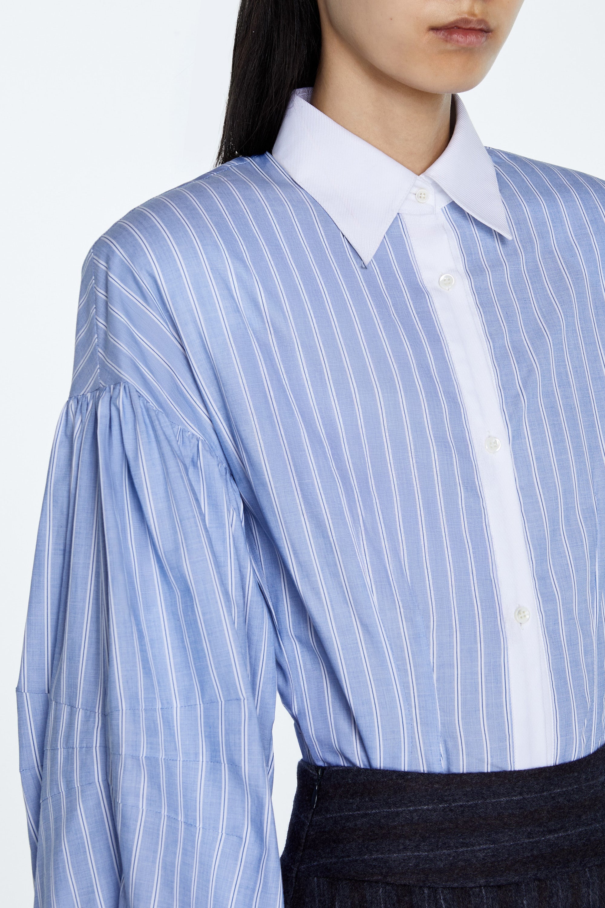 SHAO light blue striped balloon sleeve shirt dress detail view