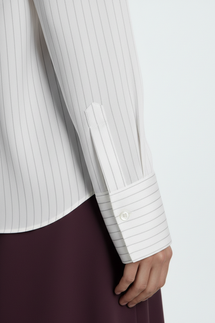 SHAO ivory silk pinstriped shirt fabric detail view