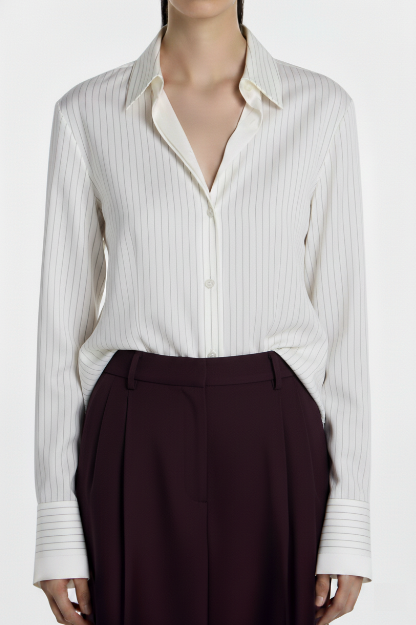 SHAO ivory silk pinstriped shirt fabric detail view