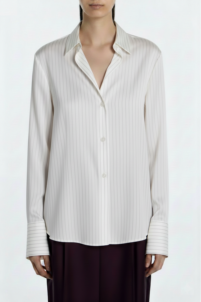 SHAO ivory pinstriped silk button-front shirt front view