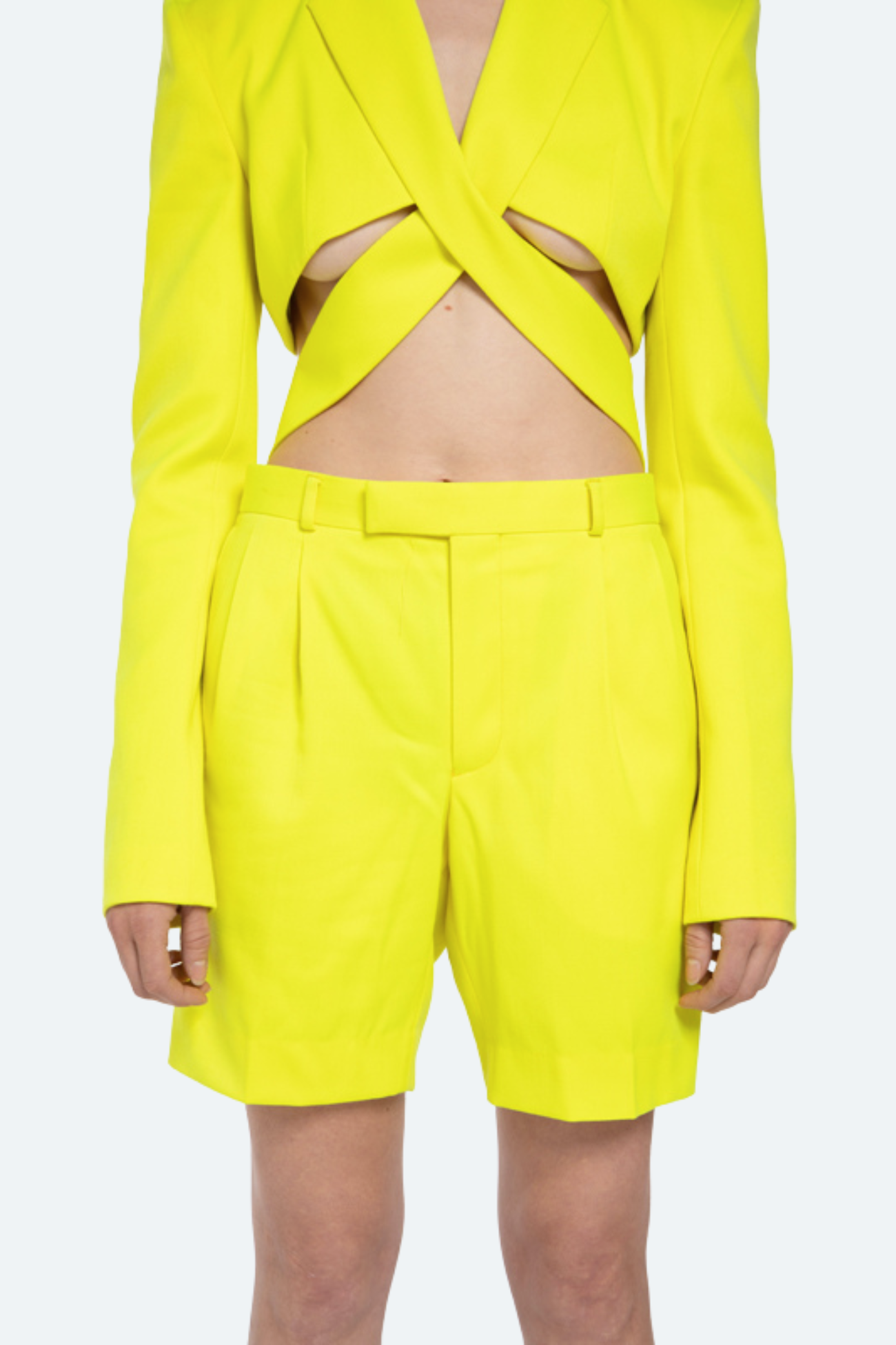 SHAO neon tailored suiting shorts front view