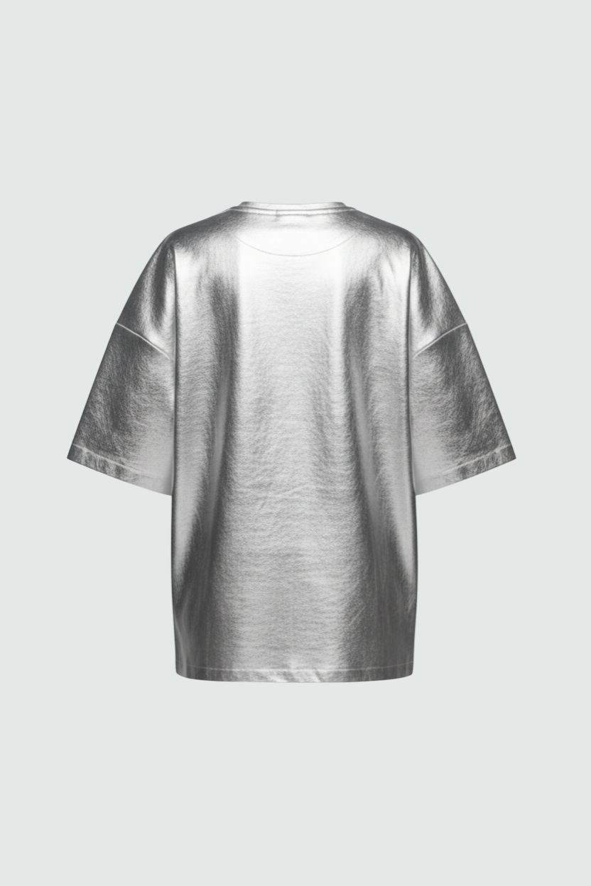 Silver metallic oversized tee high-shine front view