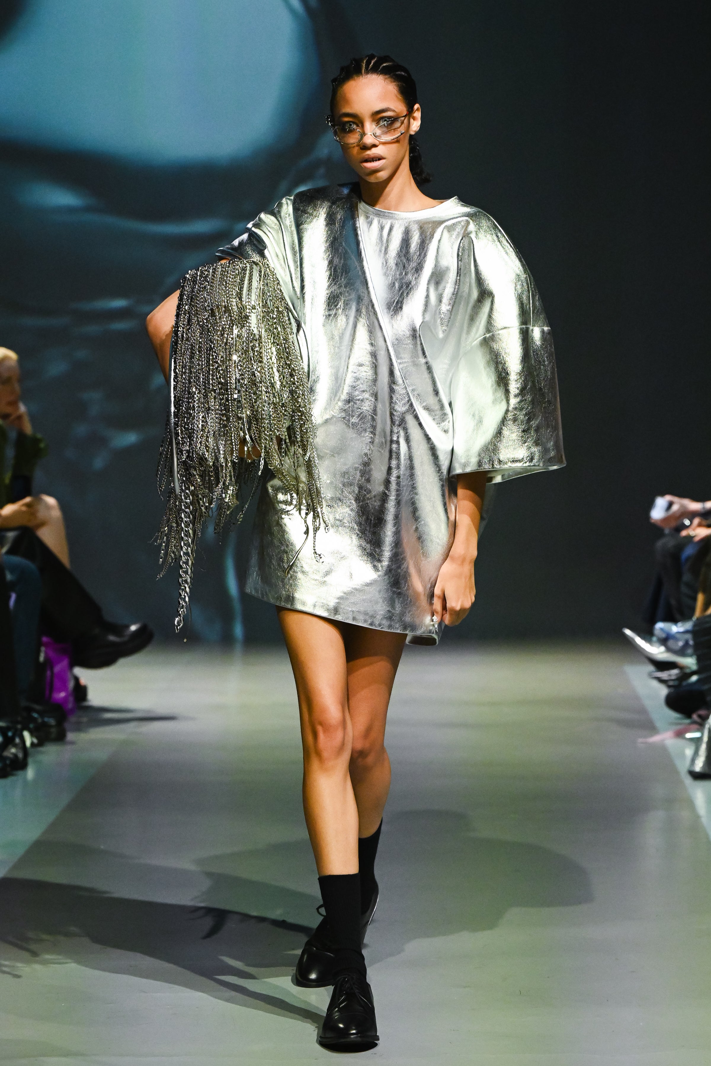 Silver metallic oversized tee relaxed fit styled view