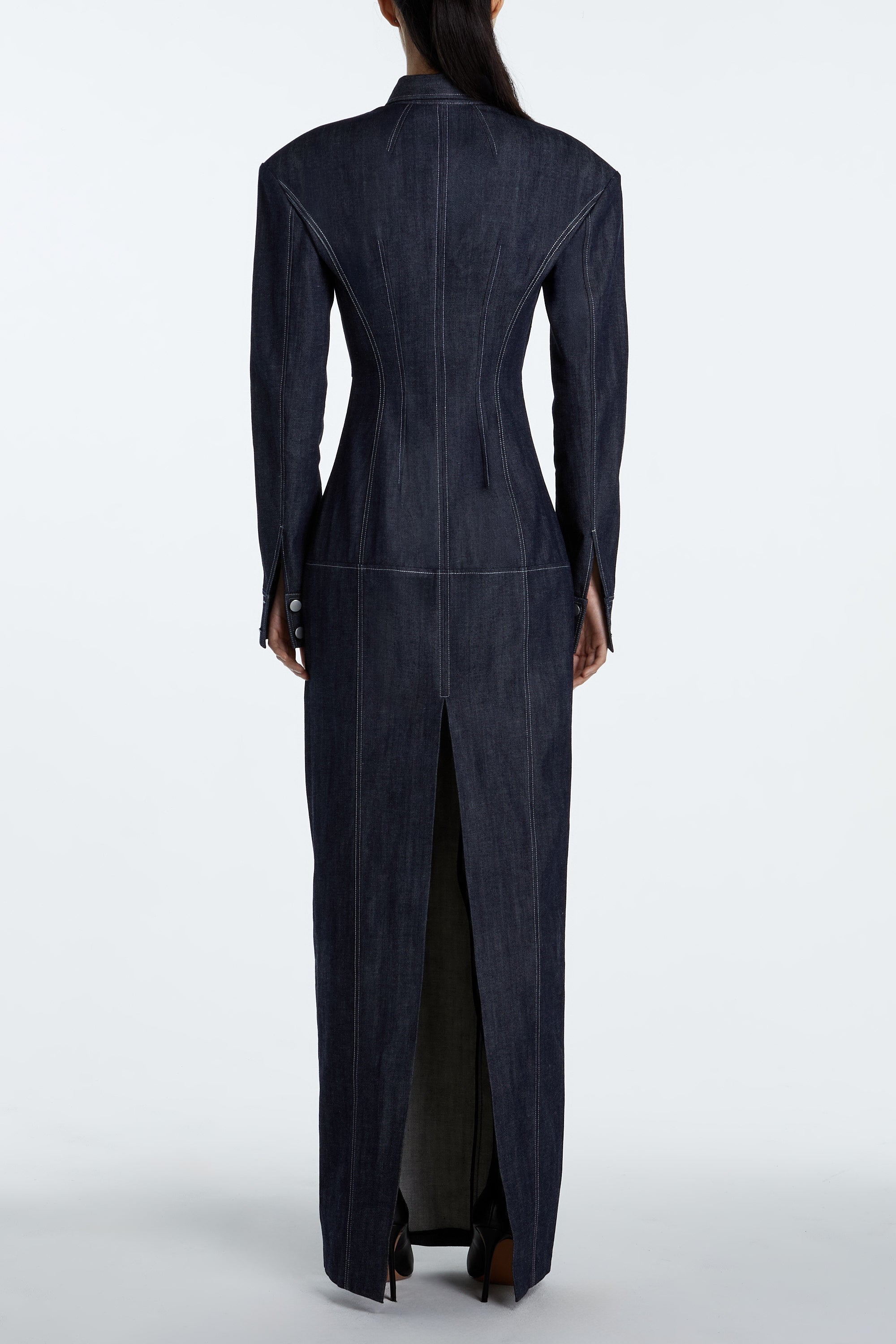 SHAO dark indigo denim dress back view