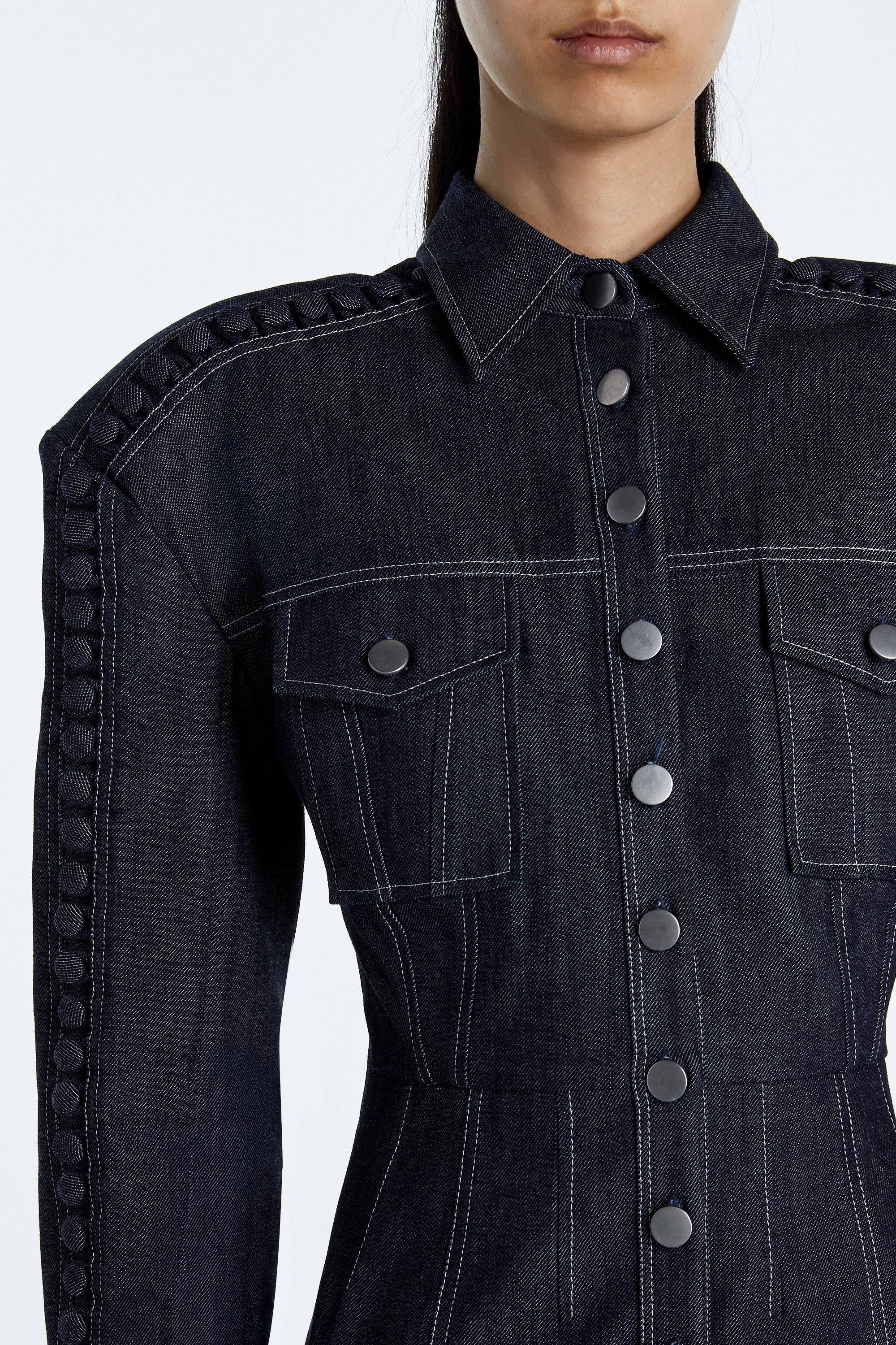 SHAO dark indigo denim dress detail view