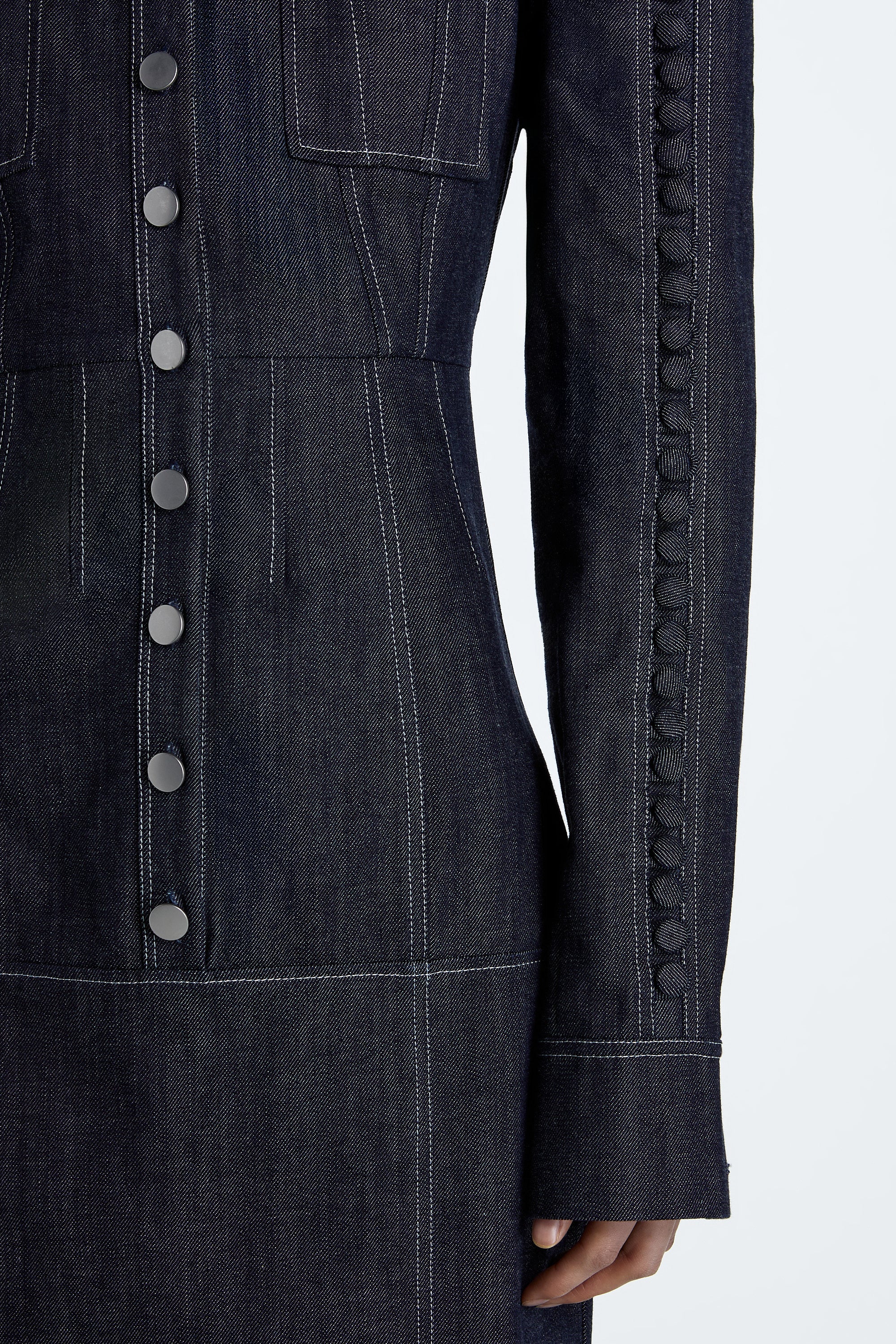 SHAO dark indigo denim dress detail view