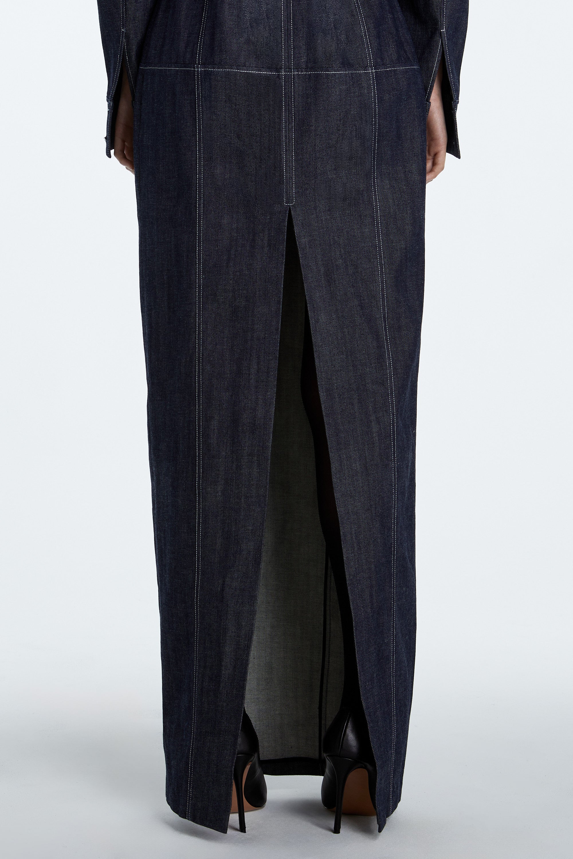 SHAO dark indigo denim dress detail view