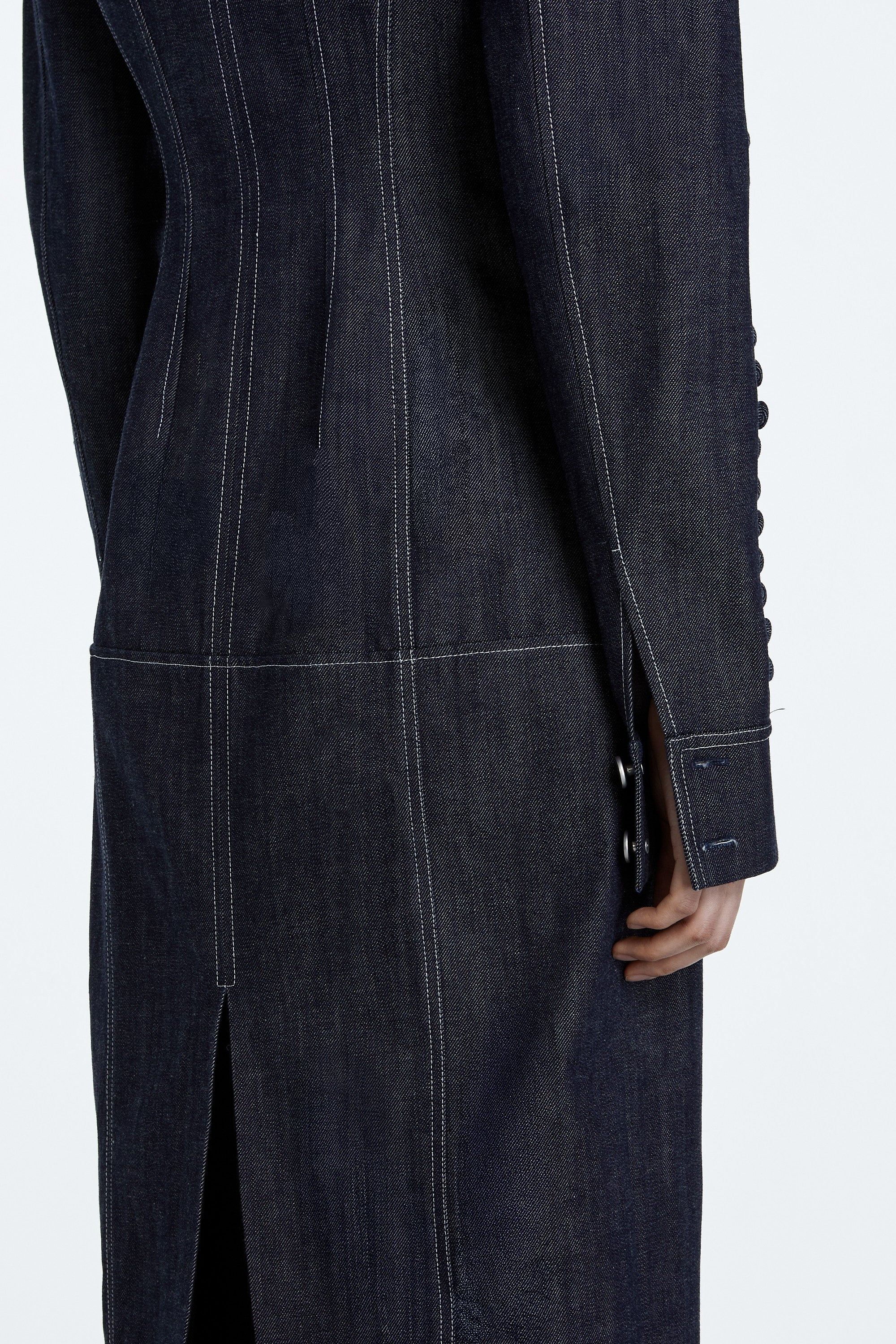 SHAO dark indigo denim dress detail view