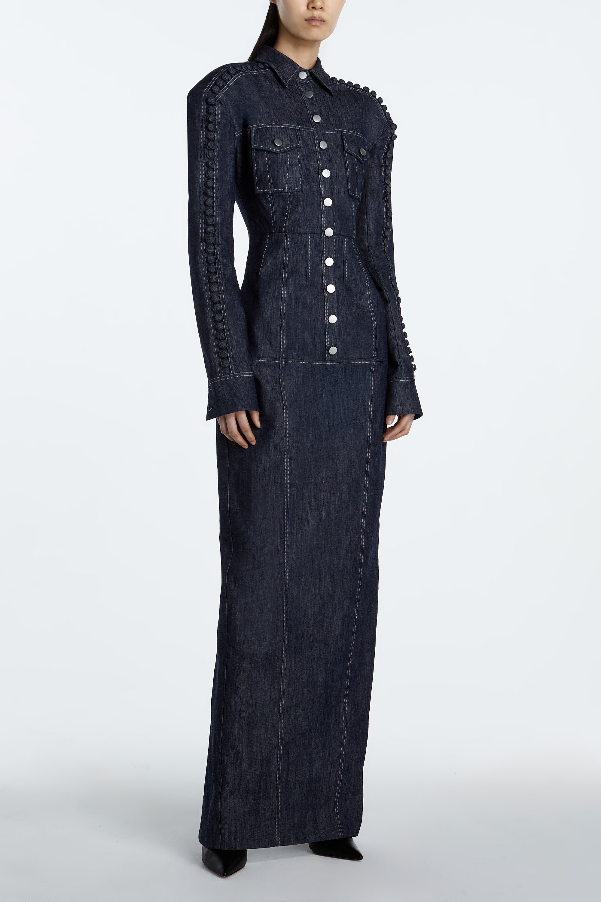 SHAO dark indigo denim dress side view