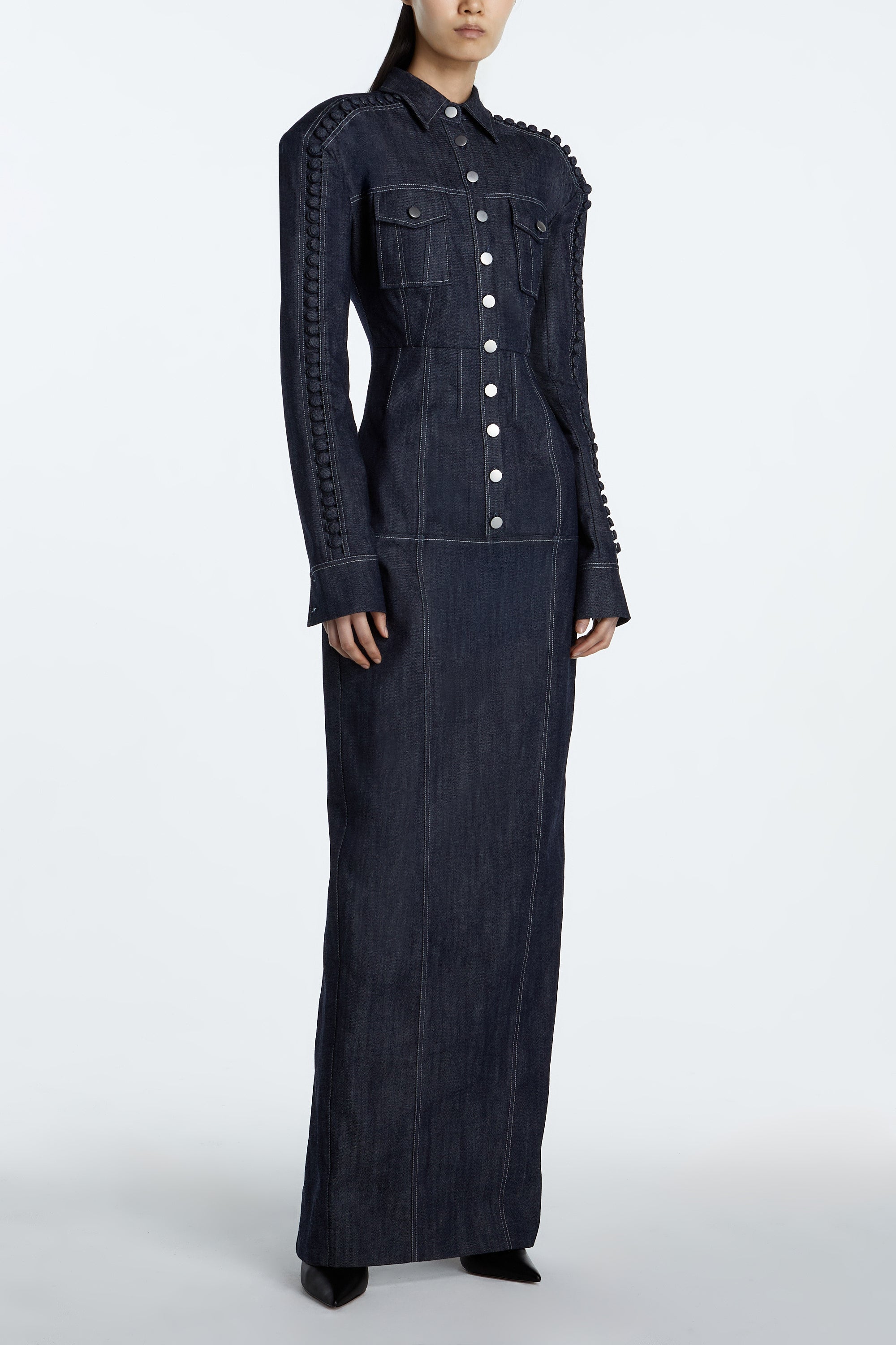 SHAO dark indigo denim dress side view