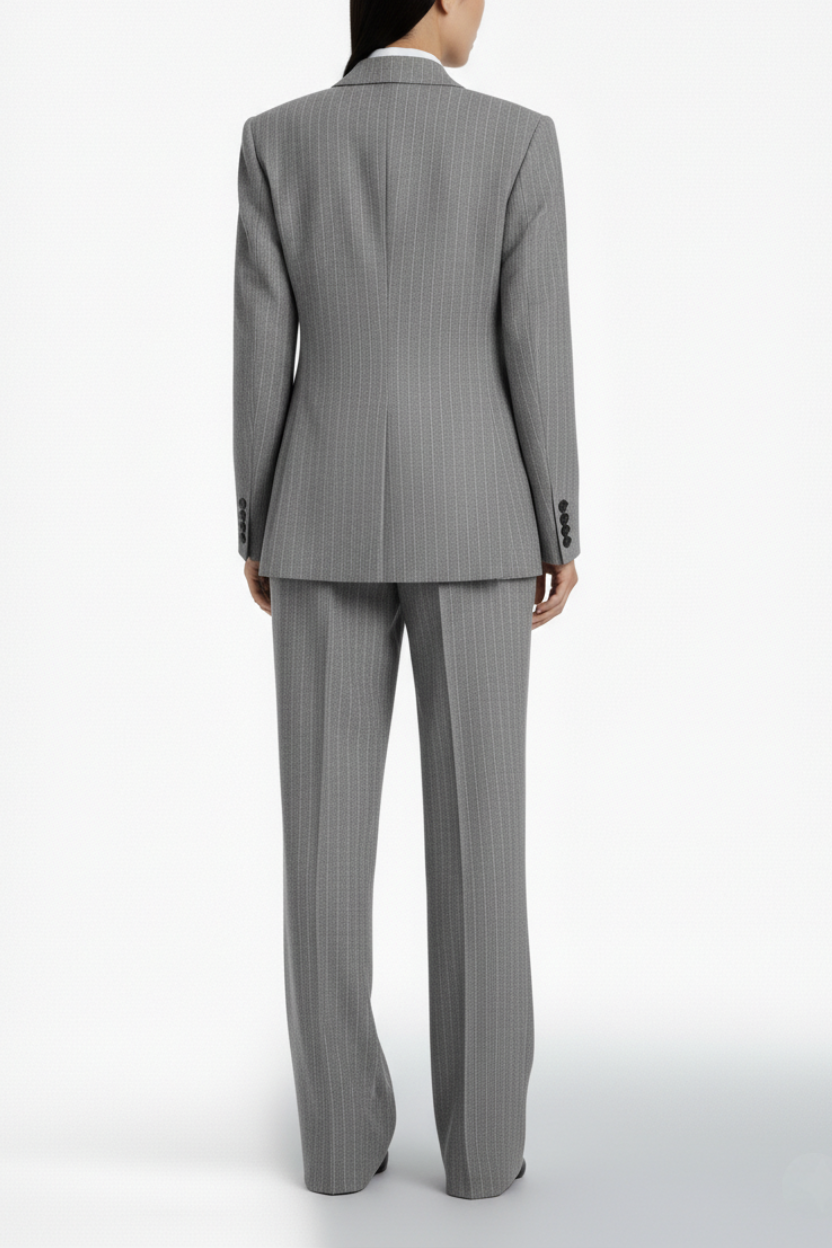 SHAO gray pinstriped straight-leg suit back view