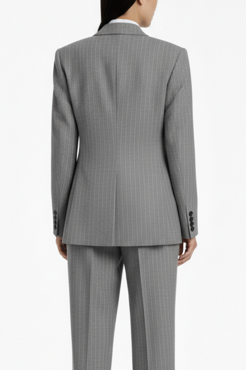 SHAO gray pinstriped straight-leg suit back view
