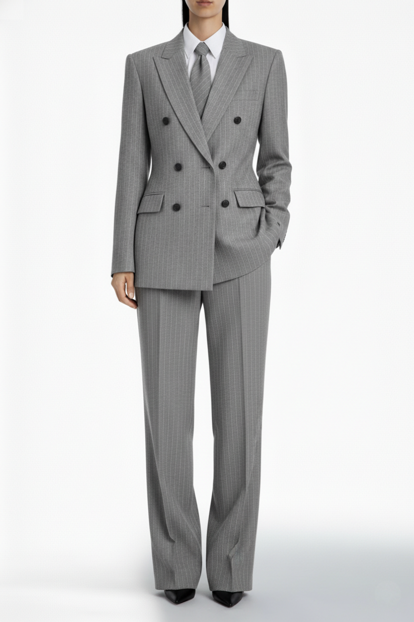 SHAO gray pinstriped double-breasted peak lapel suit front view