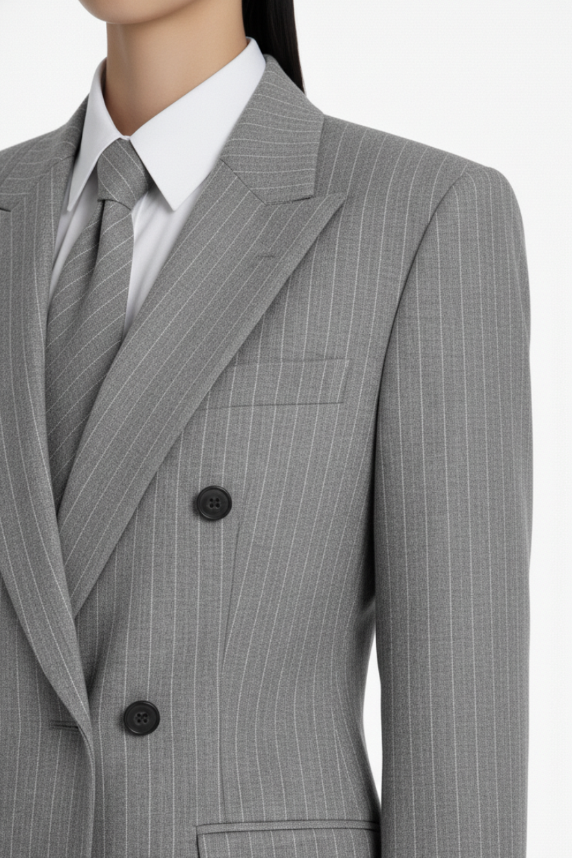 SHAO Gray pinstripe suit with white shirt and tie on a white background