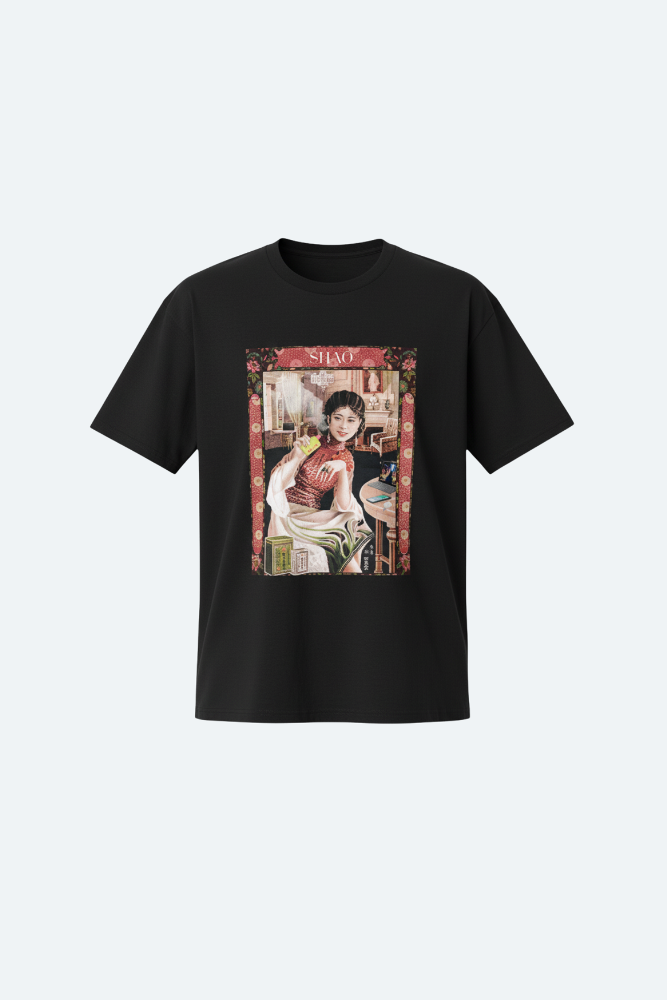 Black Shanghai 1930s NYFW graphic T-shirt front view