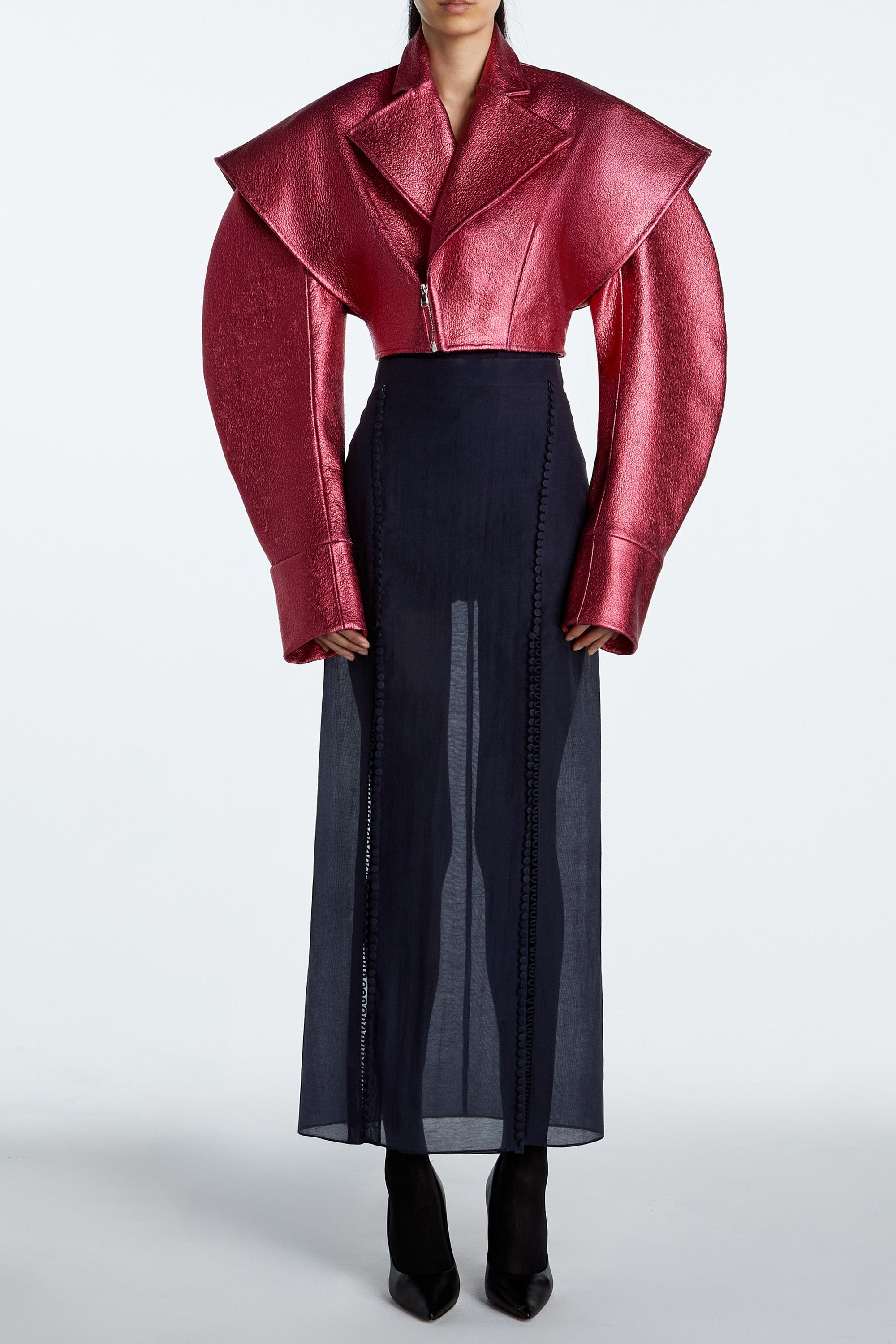 SHAO tourmaline pink cropped leather jacket with sculptural shoulders front view