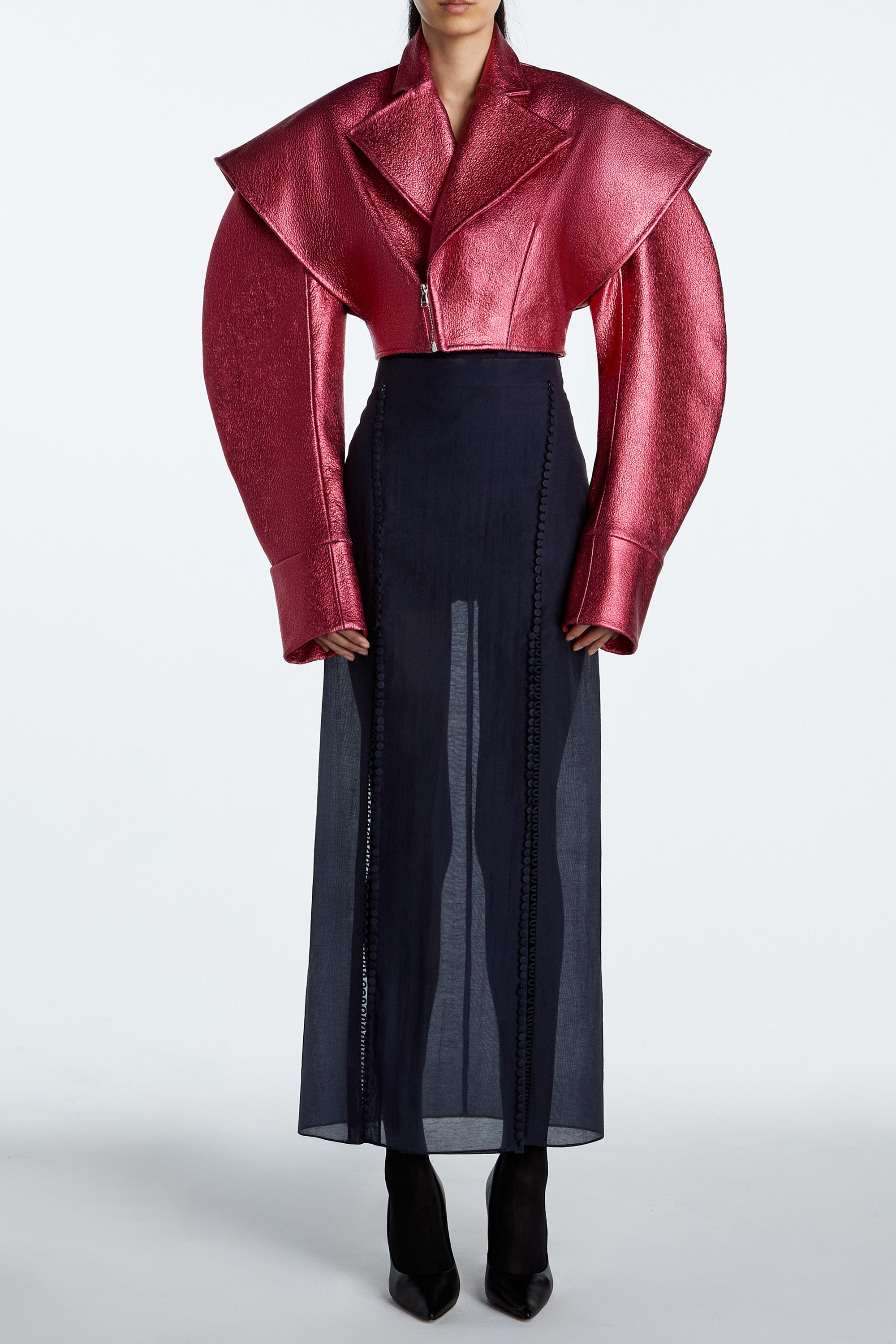 SHAO tourmaline pink cropped leather jacket with sculptural shoulders front view