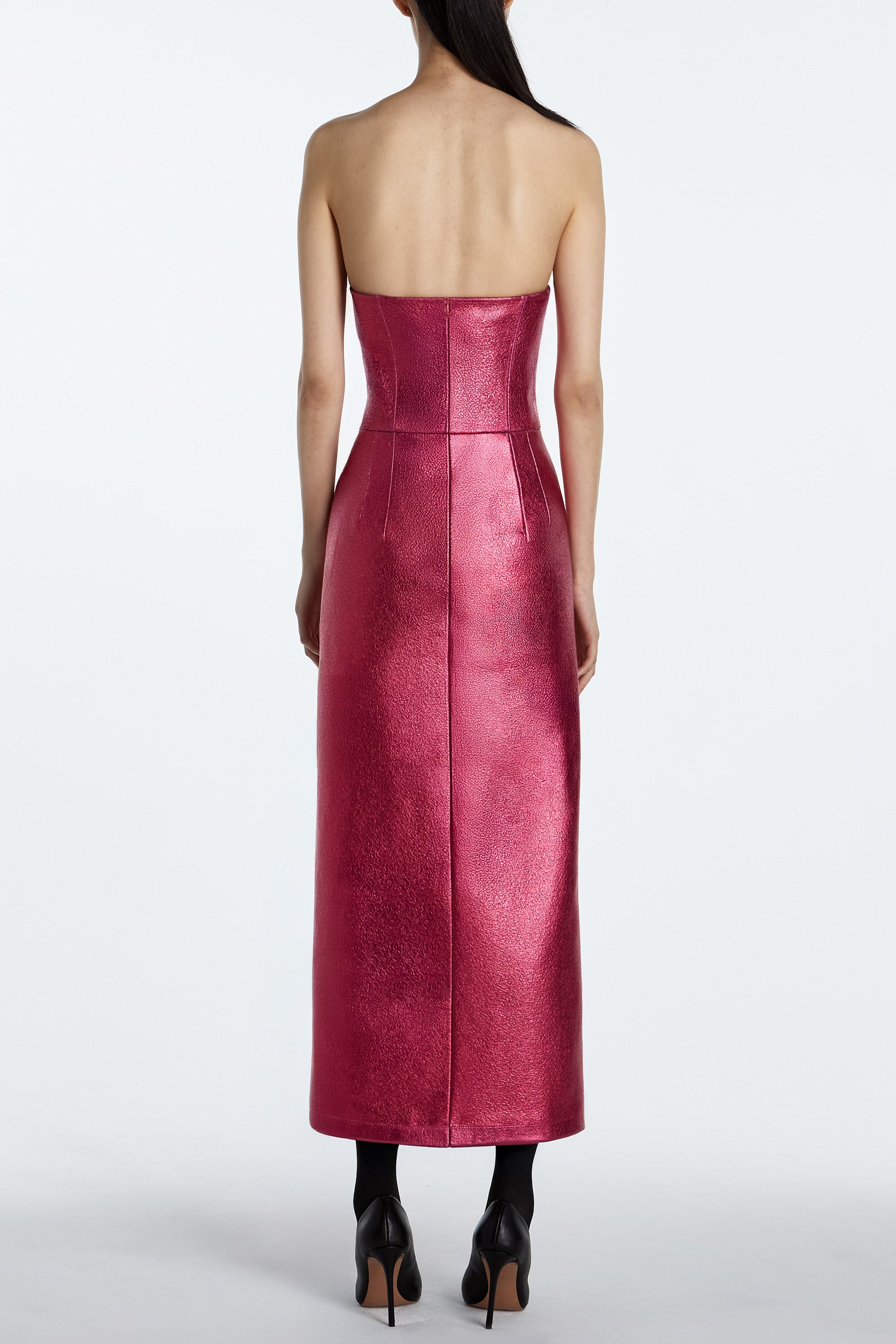 SHAO tourmaline pink leather strapless column dress with elongated silhouette