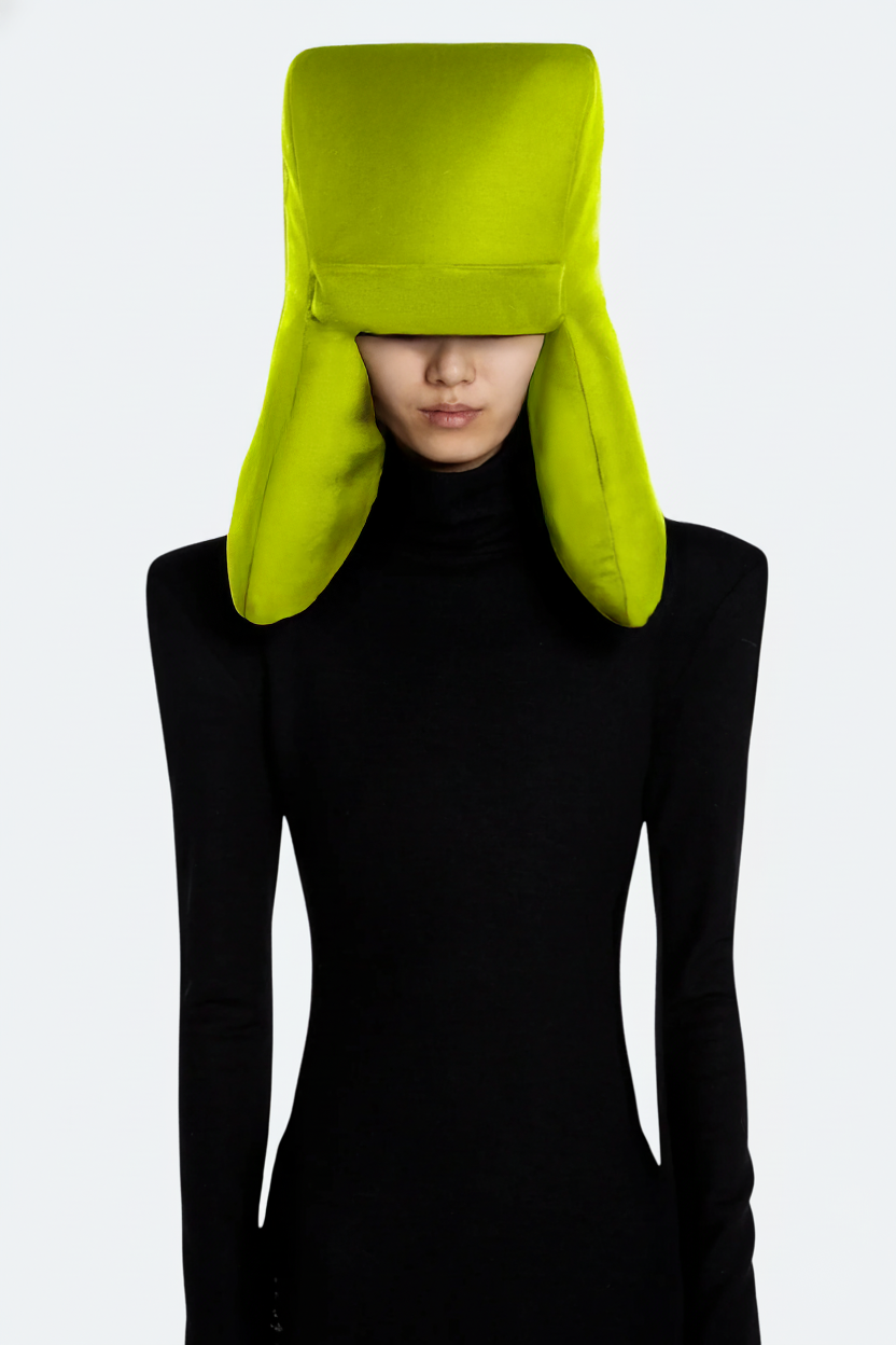 SHAO chartreuse padded trapper hat front view