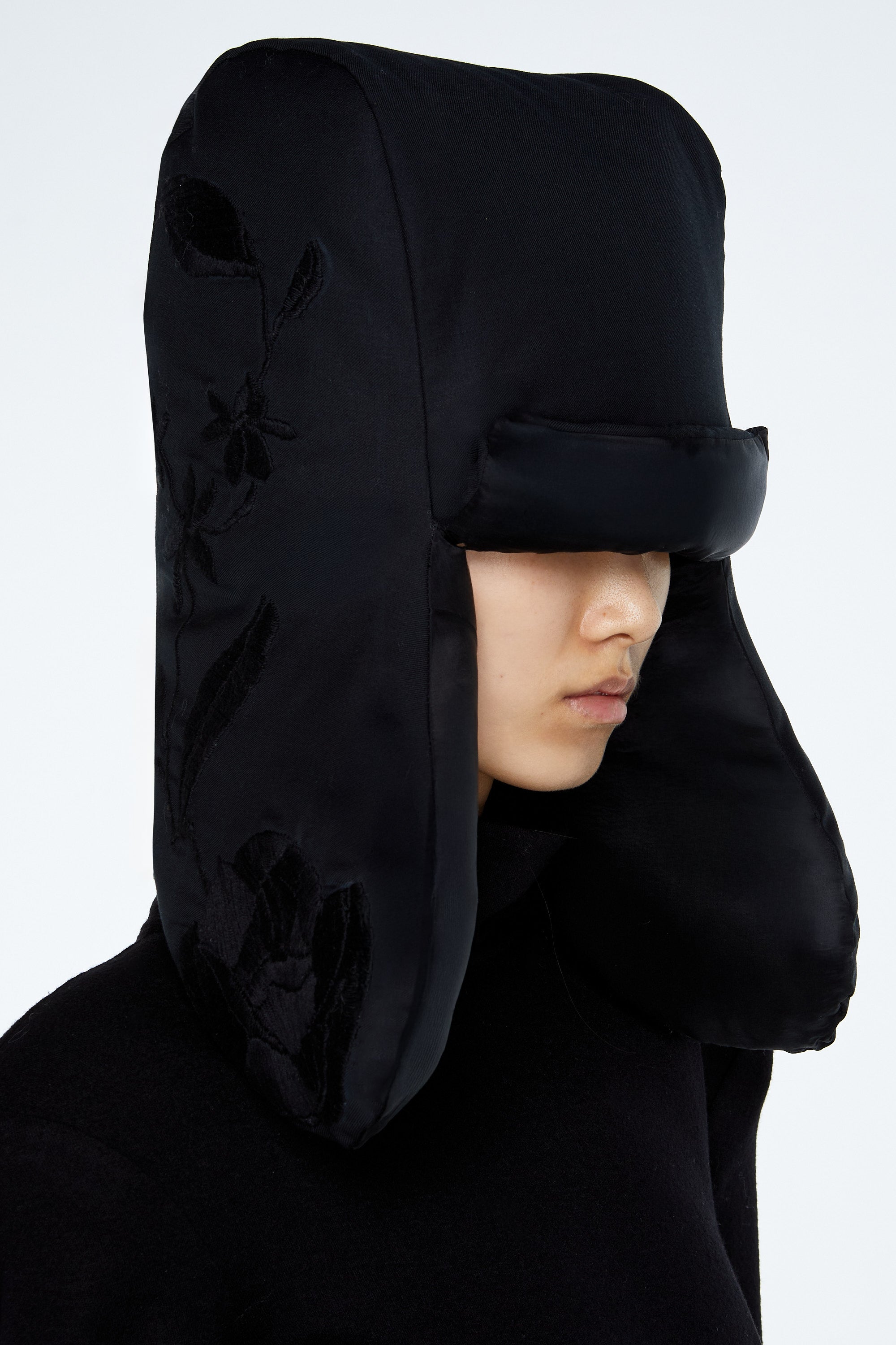 SHAO jet black padded trapper hat profile