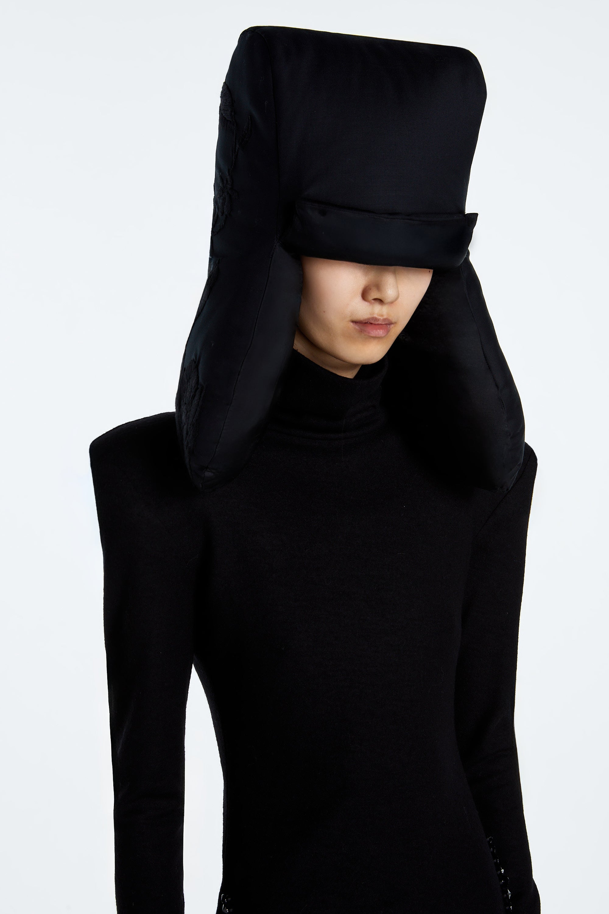 SHAO jet black padded trapper hat side
