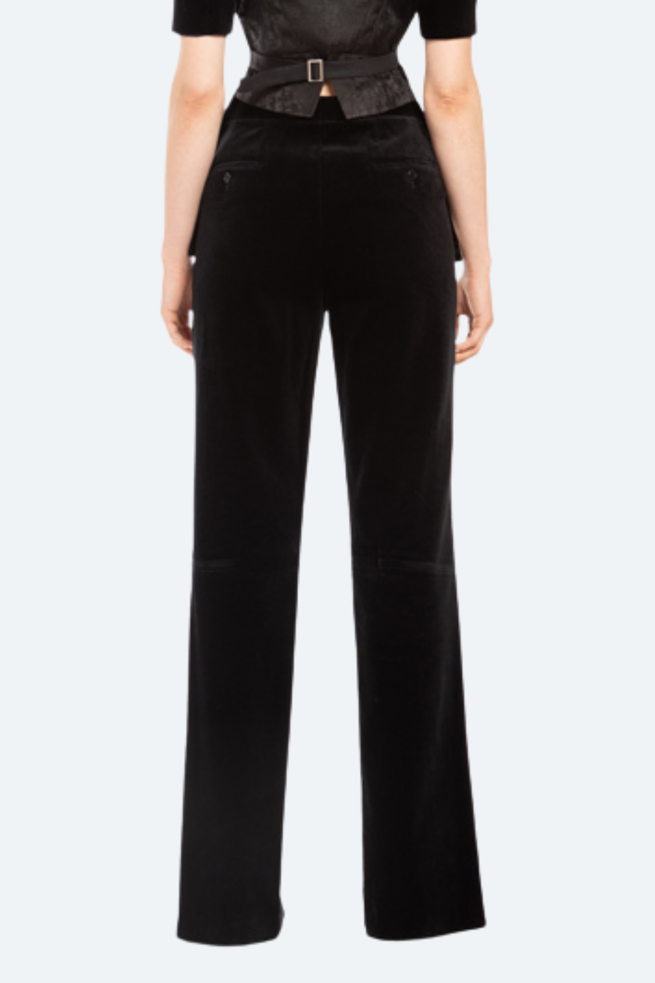 Back view of black velvet trousers with clean full-length silhouette.