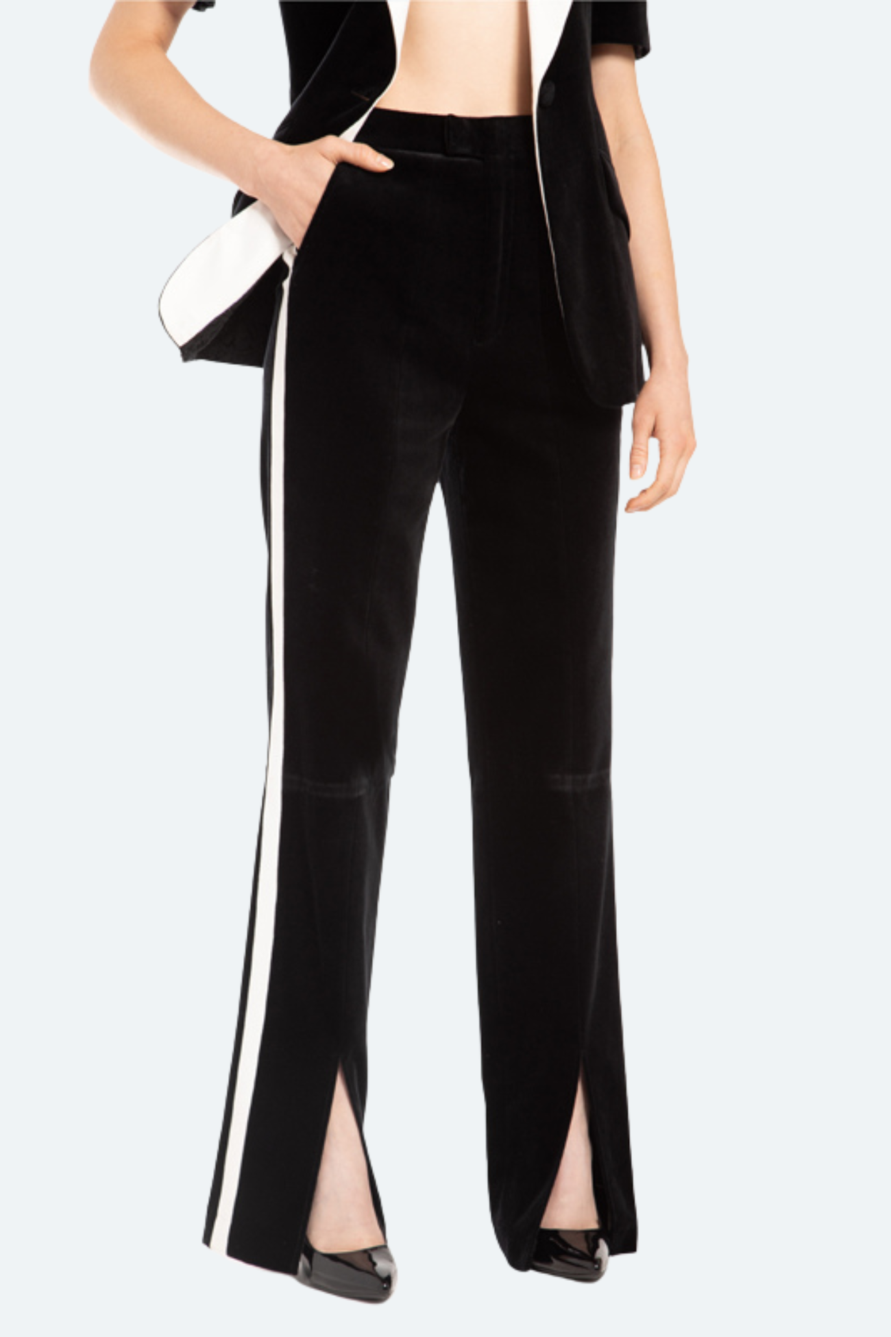 Front view of black velvet wide-leg trousers with contrast piping and front slits