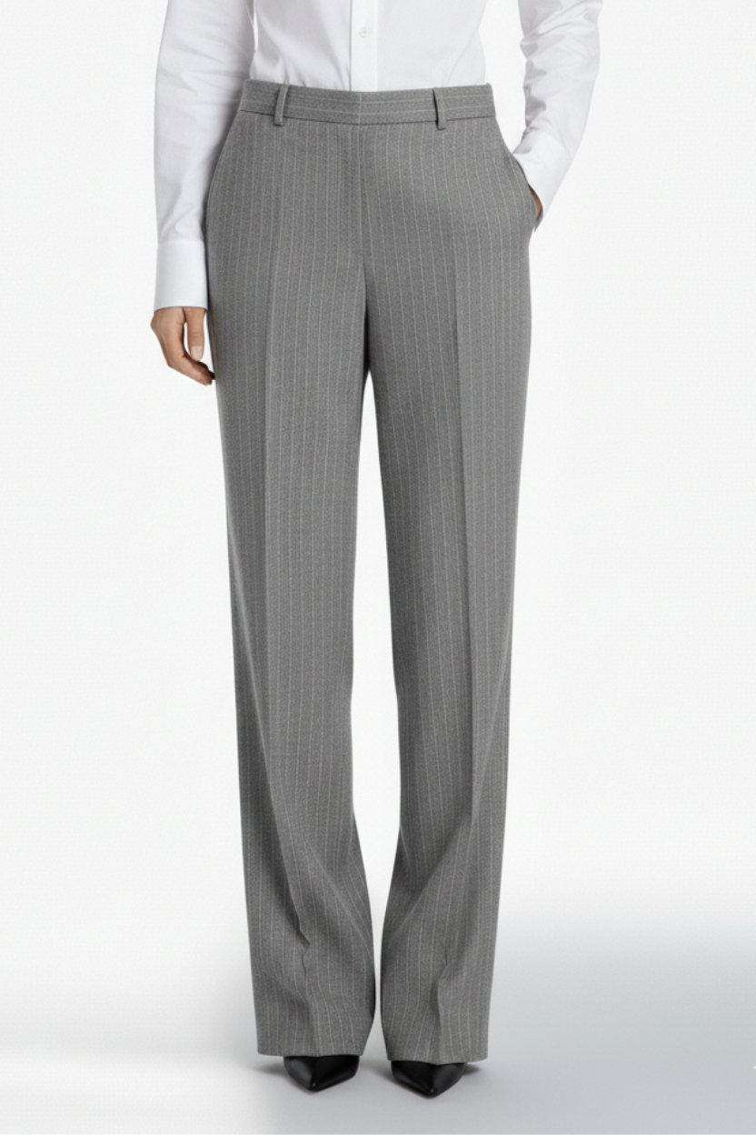 SHAO grey pinstriped wool wide-leg trousers front view
