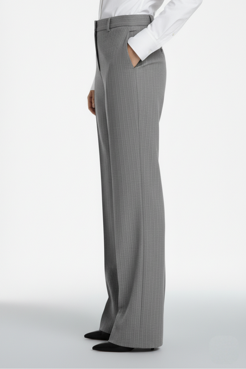 SHAO grey pinstriped wool wide-leg trousers side view