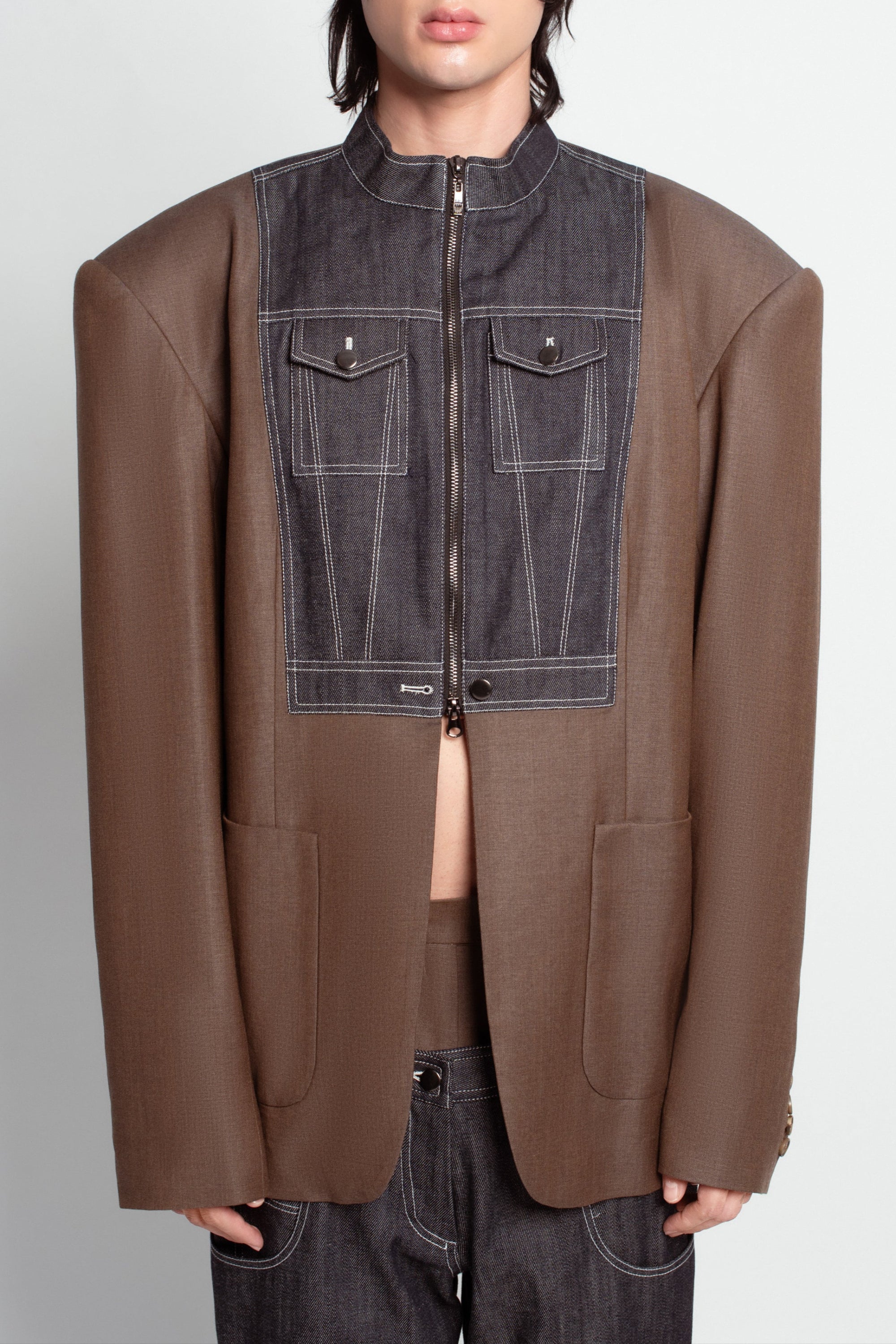 Brown oversized blazer exposed denim layer detail