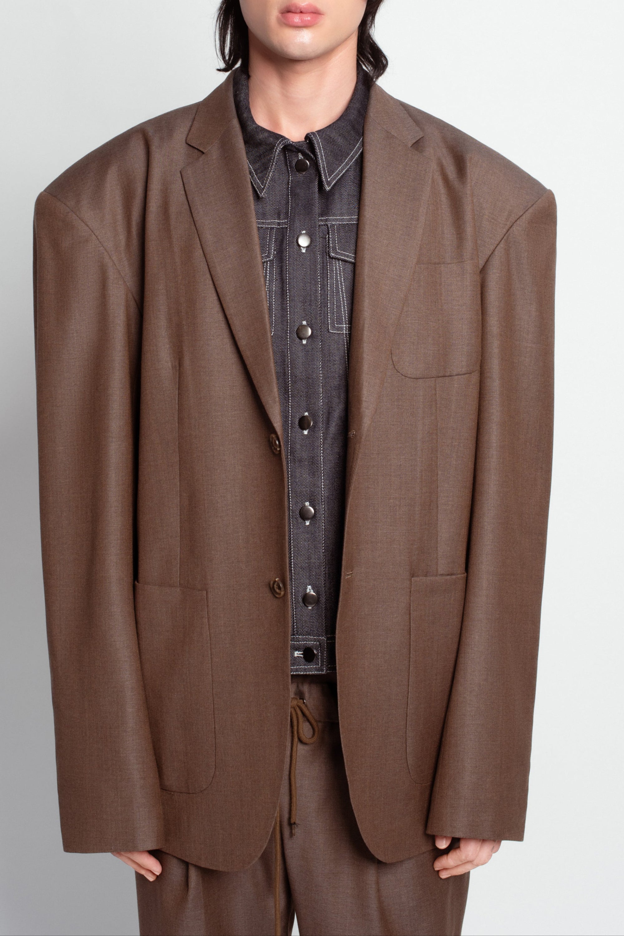 SHAO warm brown oversized blazer with removable denim dickie front view