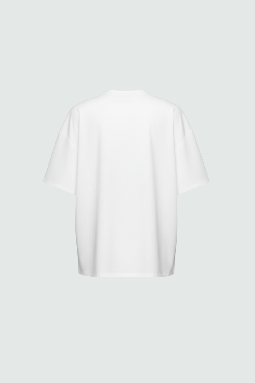 White Oversized Tee with bold Chinese graphics back view