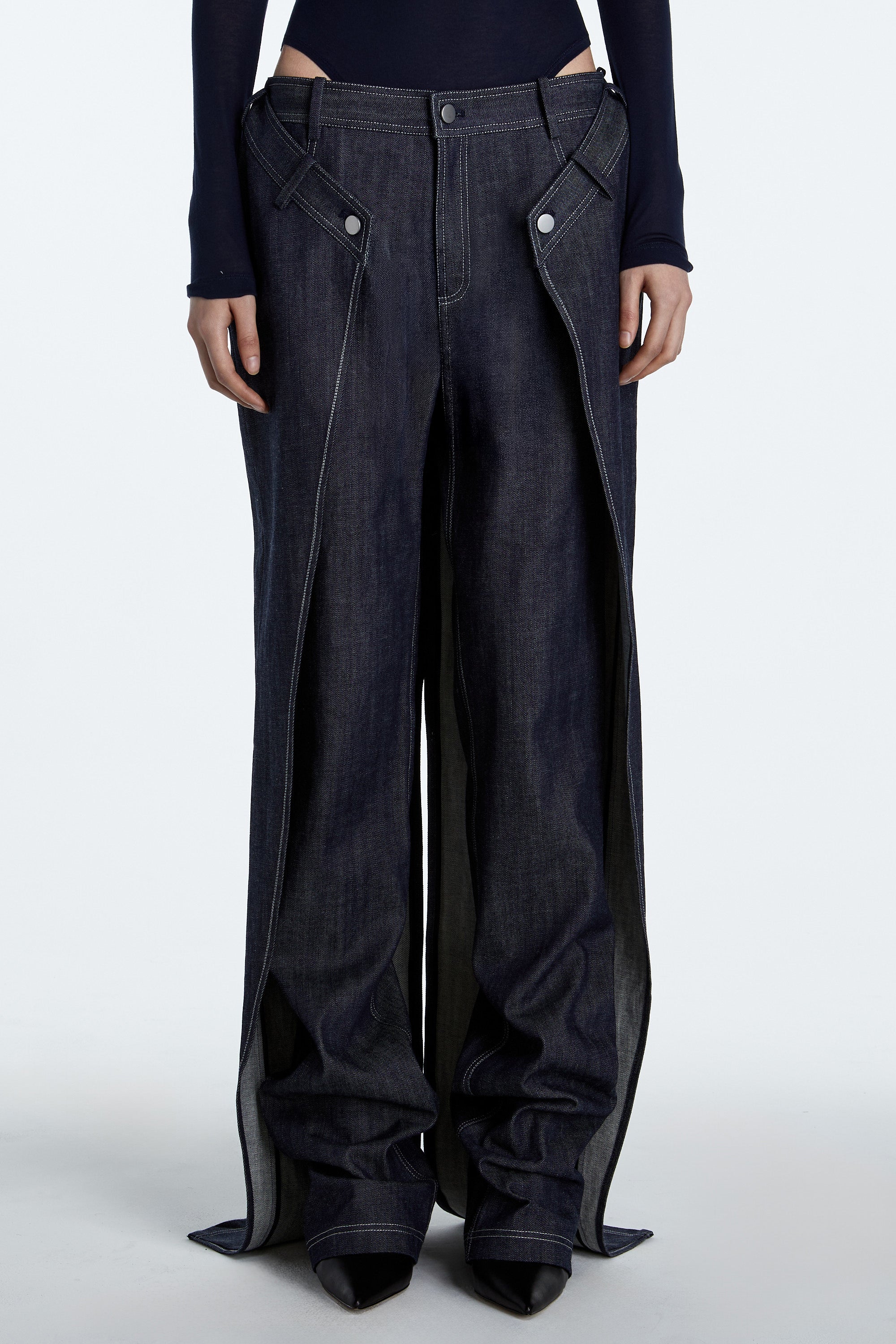 SHAO dark indigo wrap layer jeans detail view