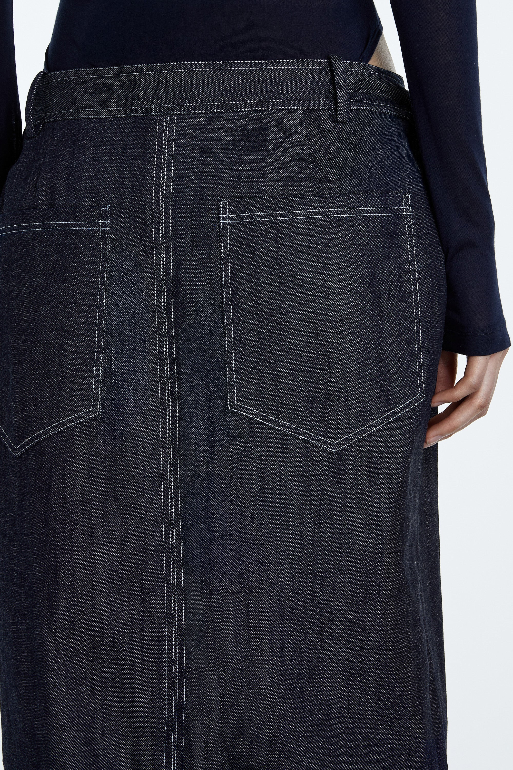 SHAO dark indigo wrap layer jeans detail view