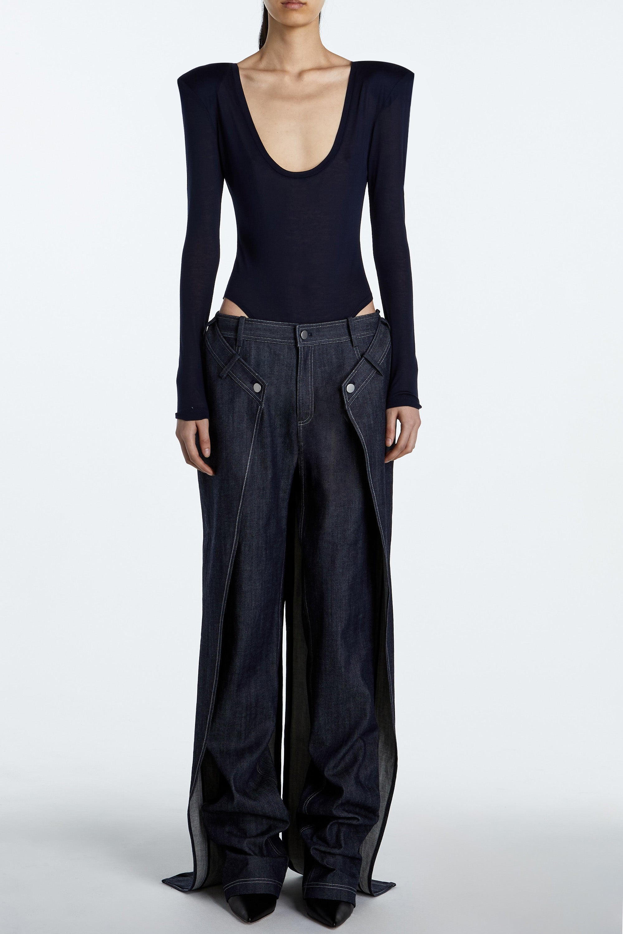 SHAO dark indigo wrap layer jeans front view