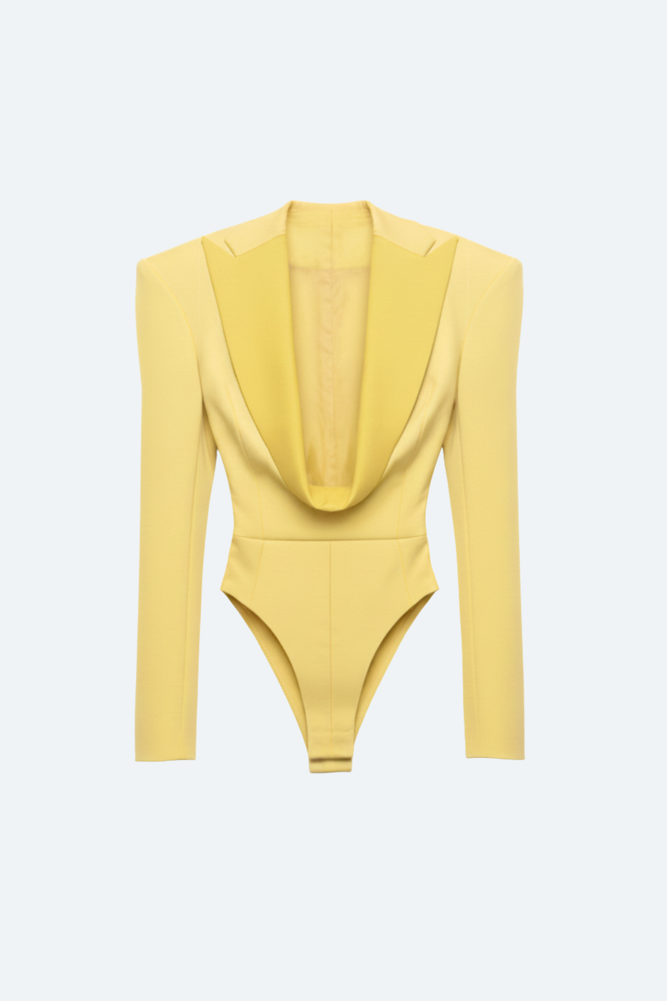SHAO yellow draped peak lapel suited bodysuit with sculptural shoulders back view