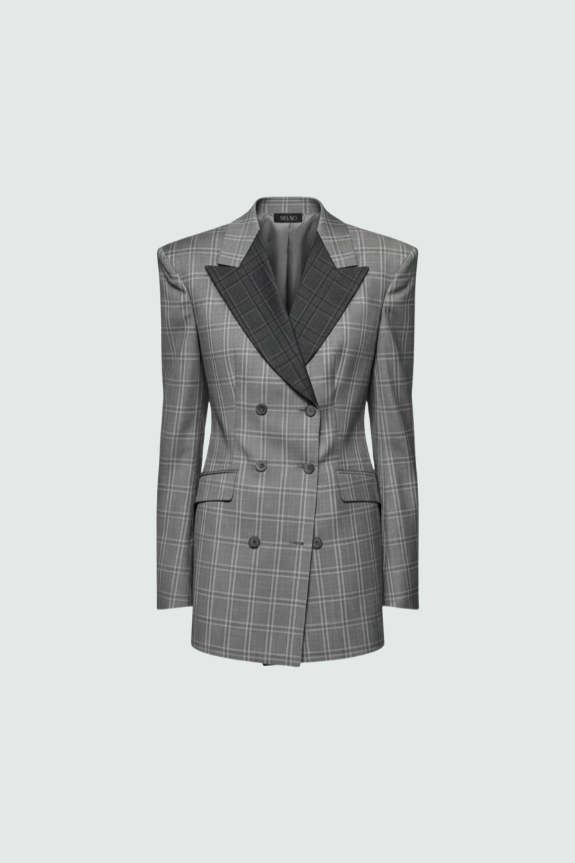 Gray Check Double-Breasted Blazer
