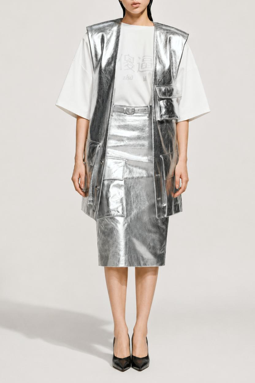 Person wearing a silver metallic outfit with a white top on a plain background