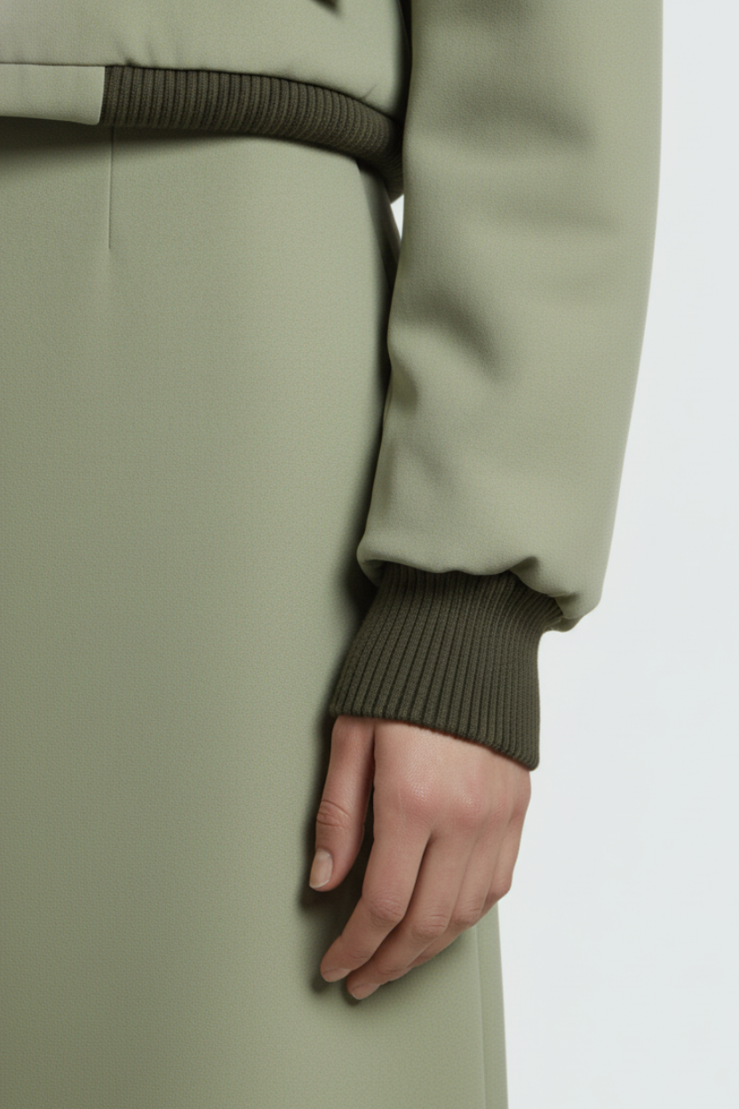 Close-up of the sleeve and cuff detail on the Sage Green Utility Bomber Jacket, highlighting the soft knit ribbing and smooth fabric texture in a muted sage tone, representing SHAO New York luxury designer fashion with a modern sculptural silhouette.