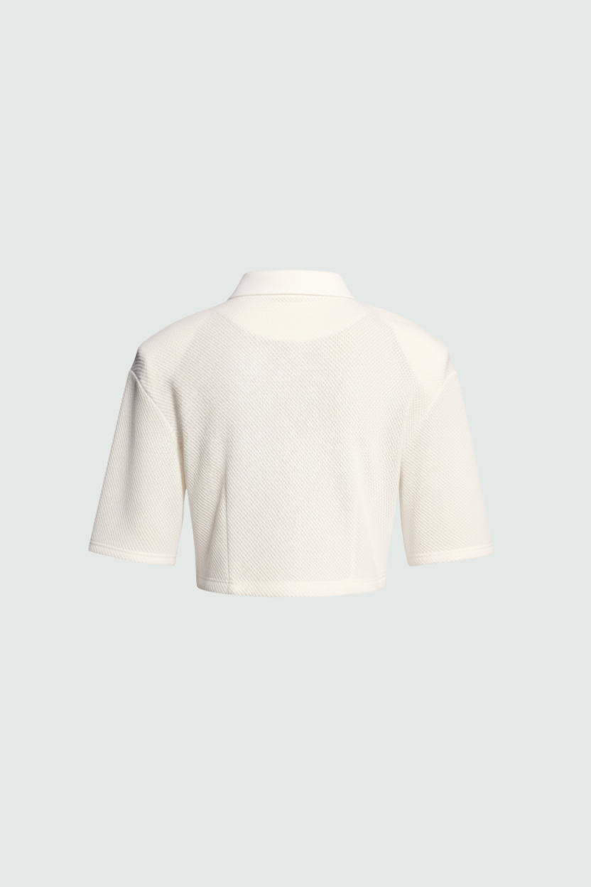 Cream Textured Cropped Polo Top