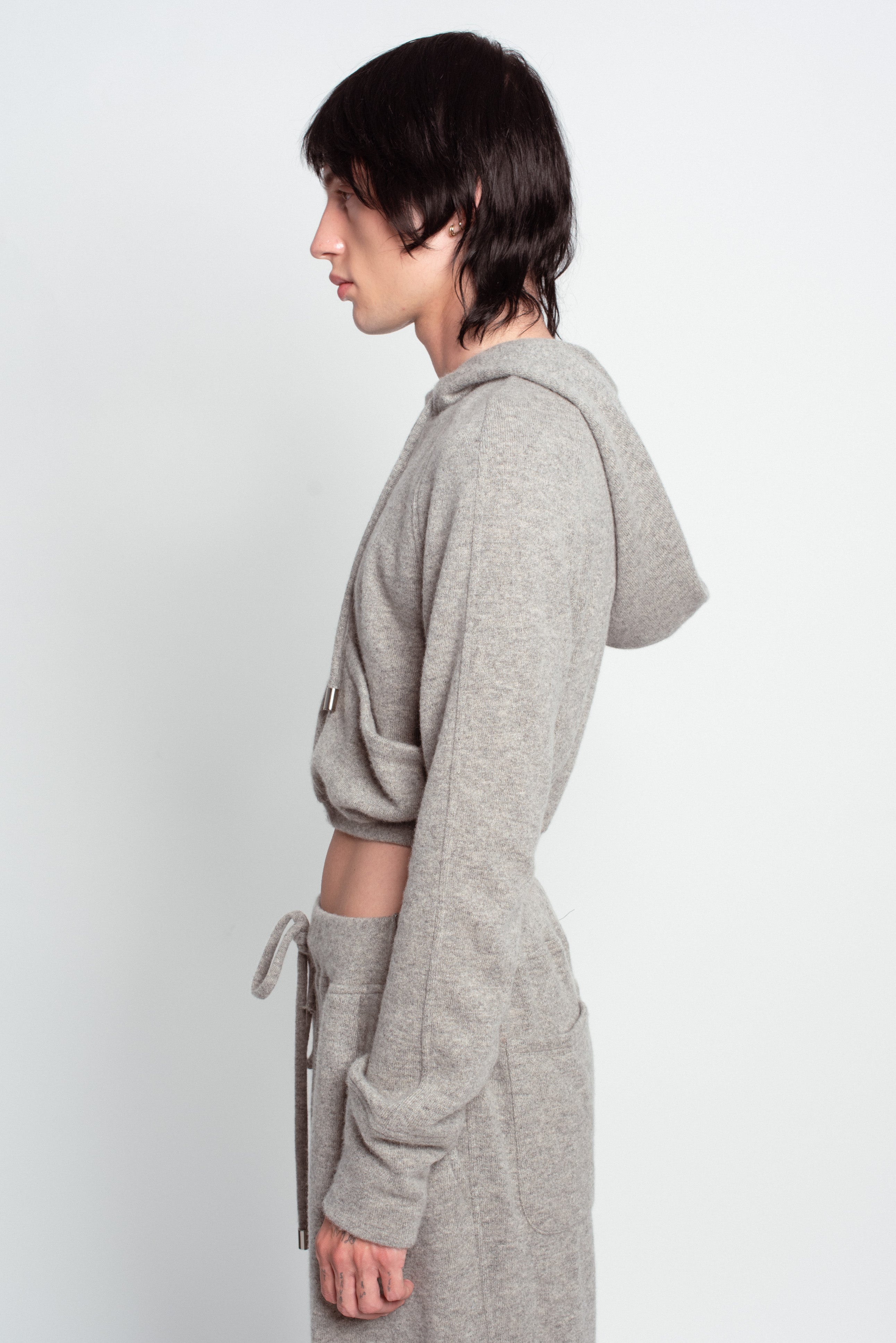 Grey Cropped Cashmere Hoodie