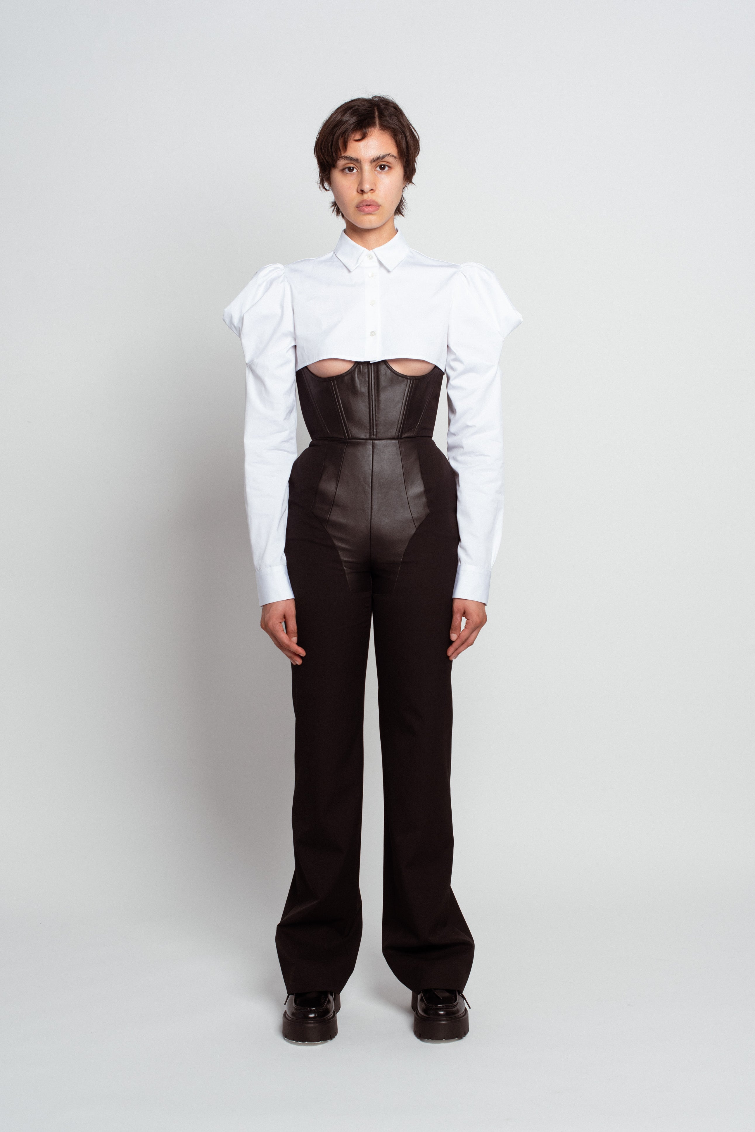 White Cropped Puff Sleeve Shirt
