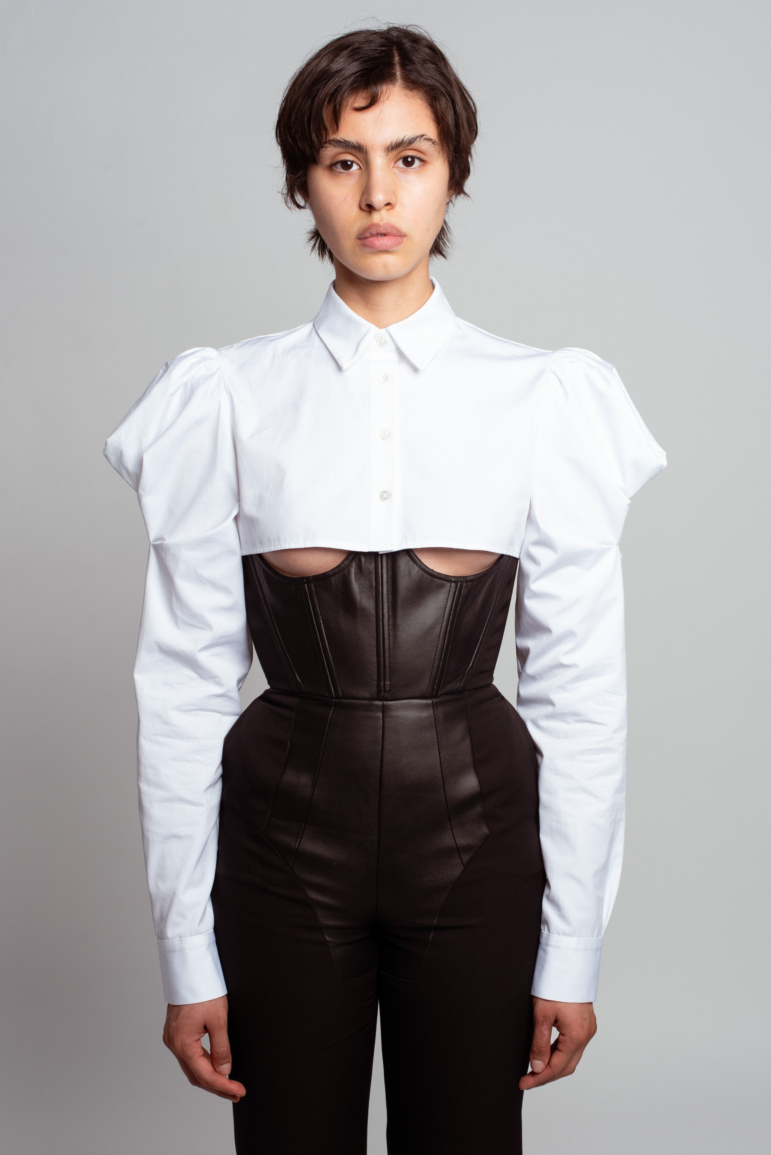 White Cropped Puff Sleeve Shirt