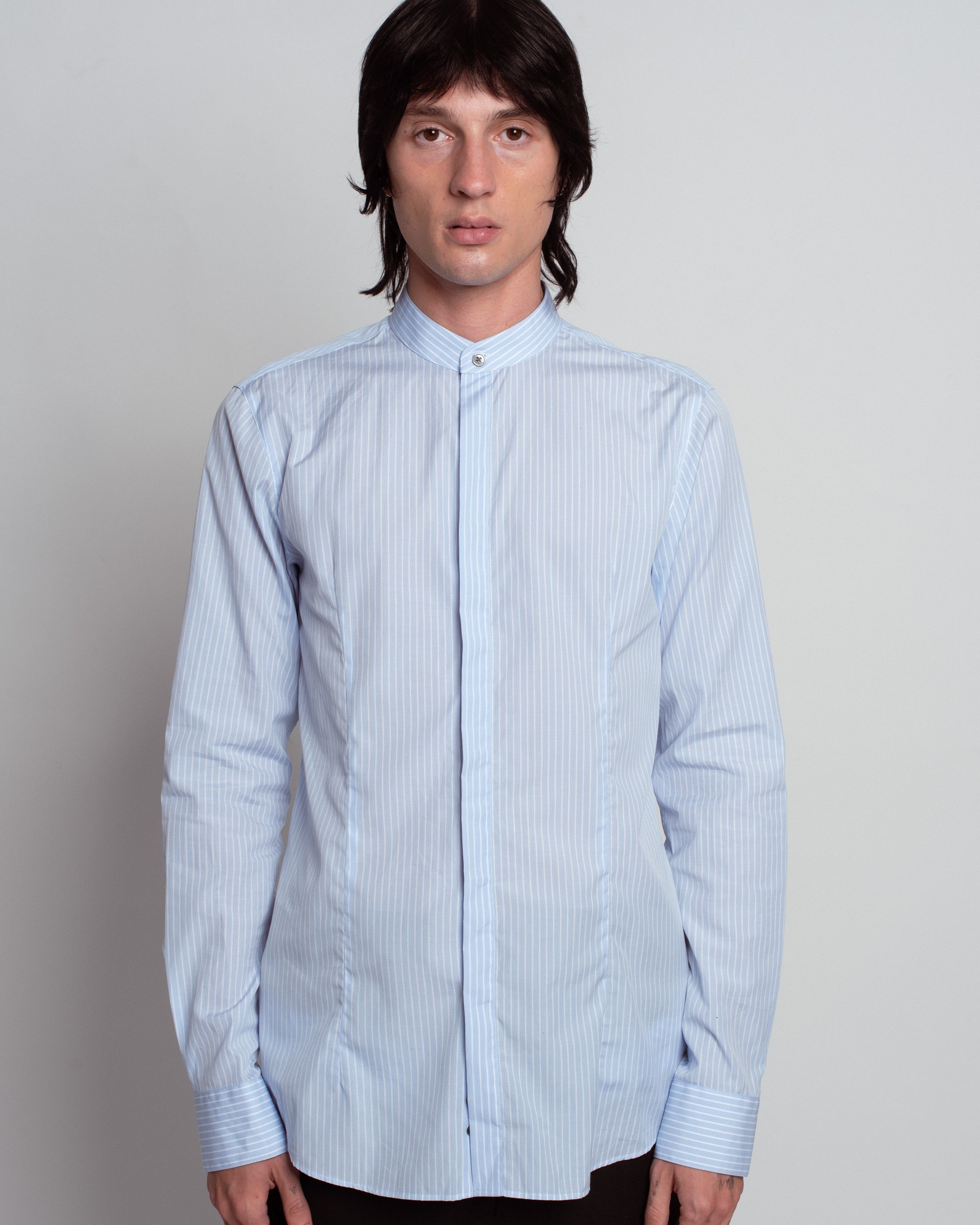 Blue Striped Band Collar Shirt in pale blue with fine vertical stripes, featuring a concealed button placket, slim fit, and crisp cuffs, reflecting SHAO New York luxury designer fashion and bespoke tailoring.