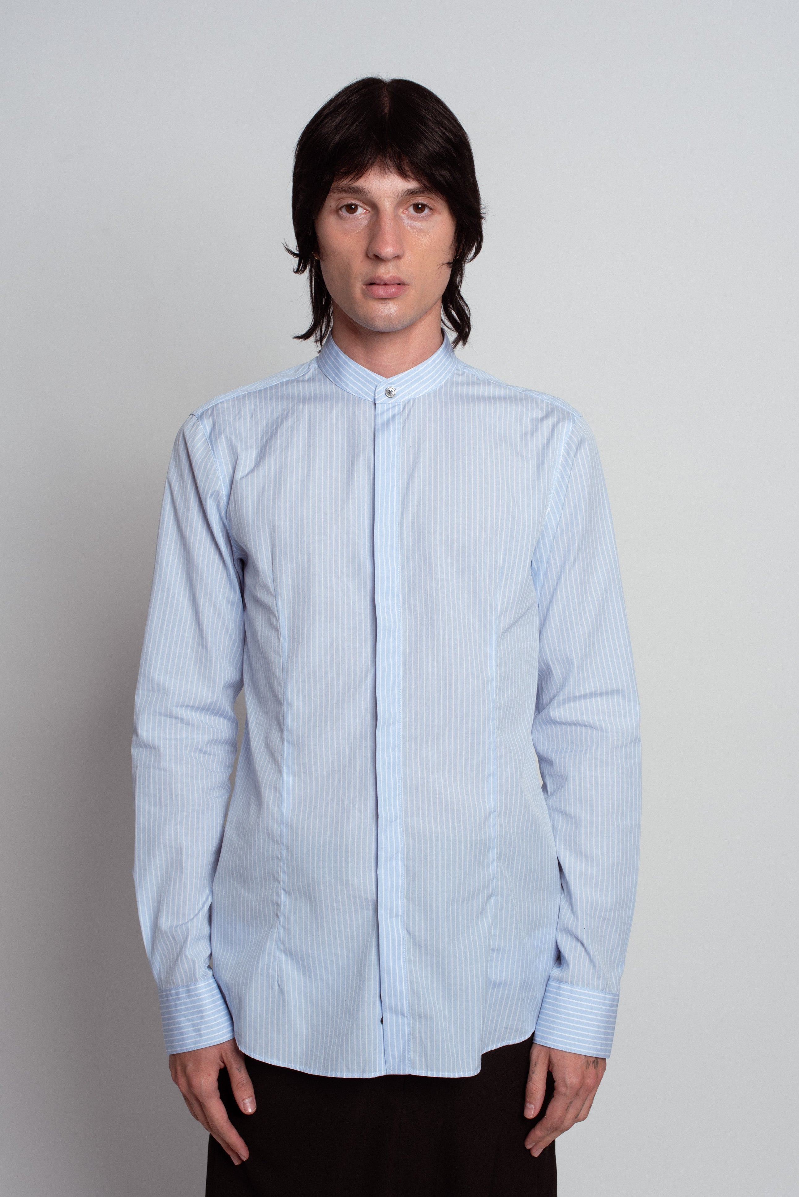 Blue Striped Band Collar Shirt in pale blue with fine vertical stripes, featuring a concealed button placket, slim fit, and crisp cuffs, reflecting SHAO New York luxury designer fashion and bespoke tailoring.