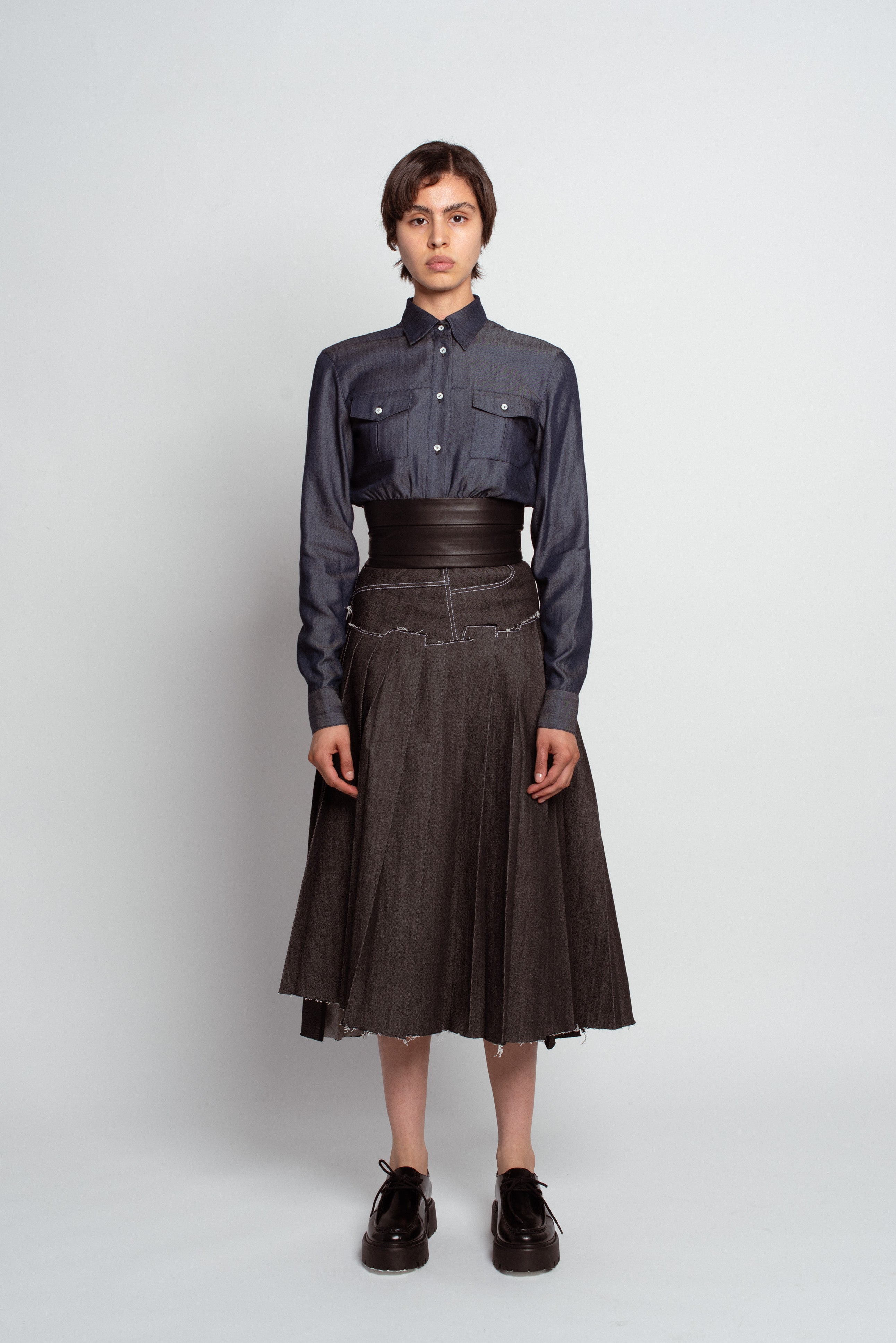 Midnight Blue Shirt with Leather Waistband