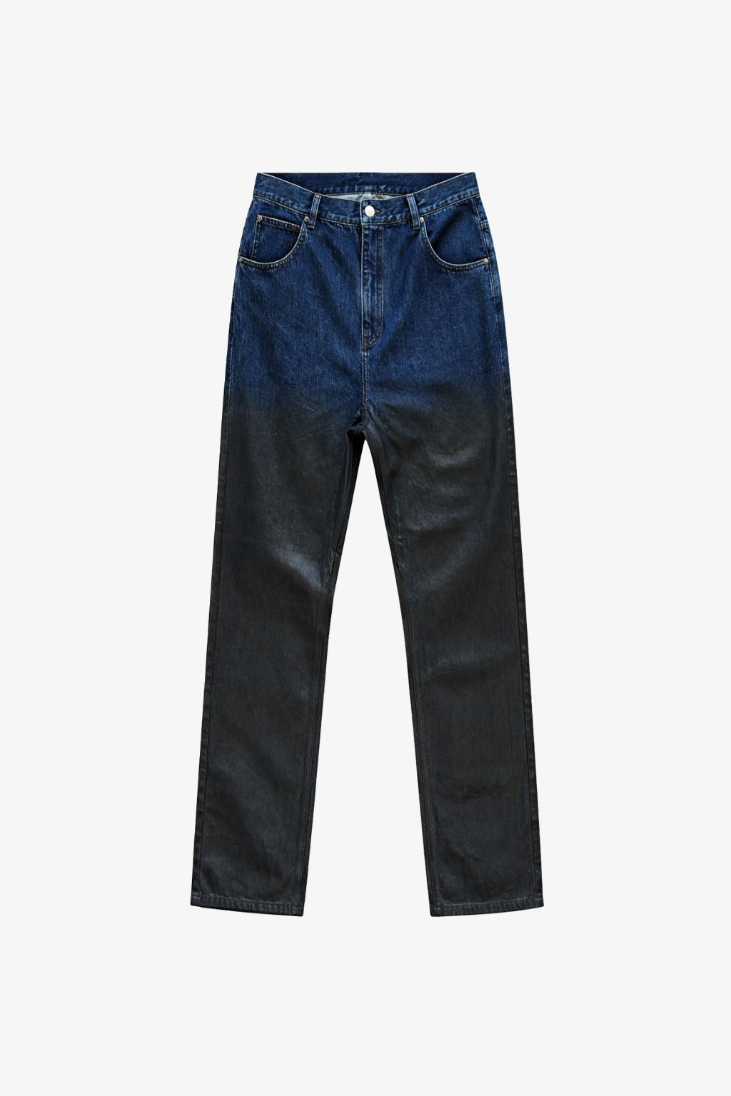 Drop-Crotch Denim Jeans with Leather Ombre Effect in deep indigo to black gradient, featuring a relaxed silhouette with classic five-pocket styling and high-rise waist for a modern sculptural look.