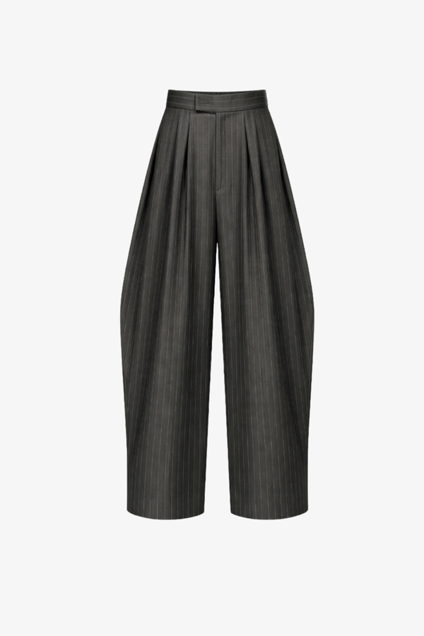Pinstripe Barrel Pleated Trousers in dark fabric featuring wide-leg silhouette with sculptural pleats and finely detailed pinstripe pattern, showcasing SHAO New York bespoke tailoring and luxury designer fashion.