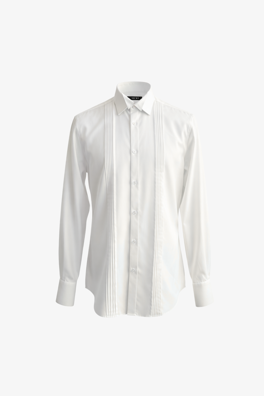 White Tailored Tuxedo Shirt featuring classic pintuck detailing along the front, crisp pointed collar, and tailored cuffs, embodying SHAO New York luxury designer fashion and refined bespoke tailoring.