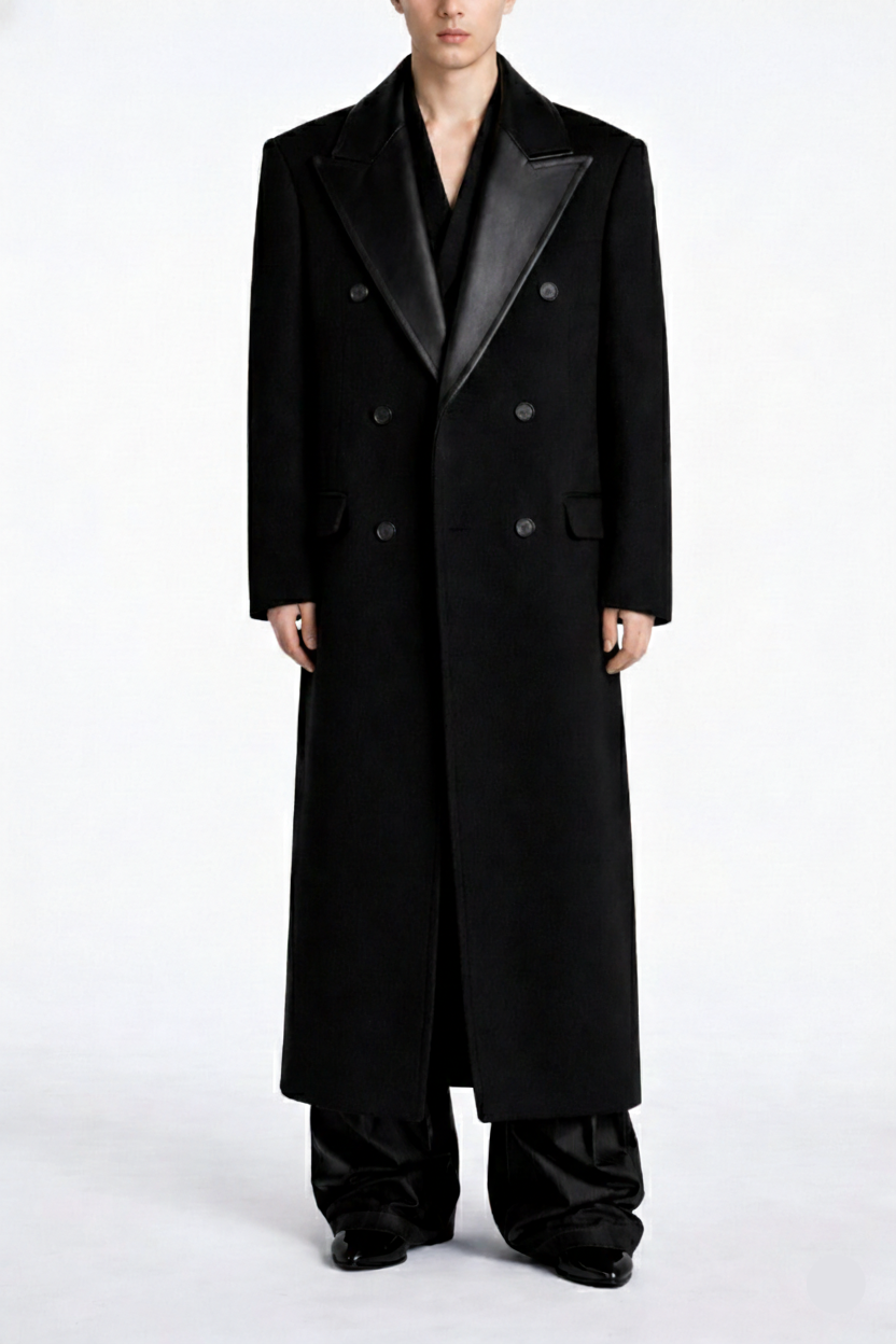 Front view of the Oversized Black Cashmere Overcoat With Leather Accents featuring a double-breasted silhouette, wide leather lapels, and a sleek sculptural fit embodying SHAO New York bespoke tailoring.